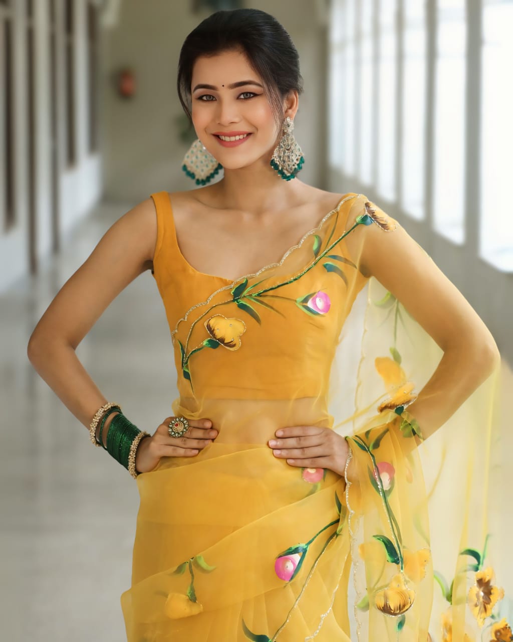 New One Minute Ready To Wear Soft Organza Silk Yellow Saree with Beautiful Hand Worked Moti  And Val Work With Unstiched Blouse Piece