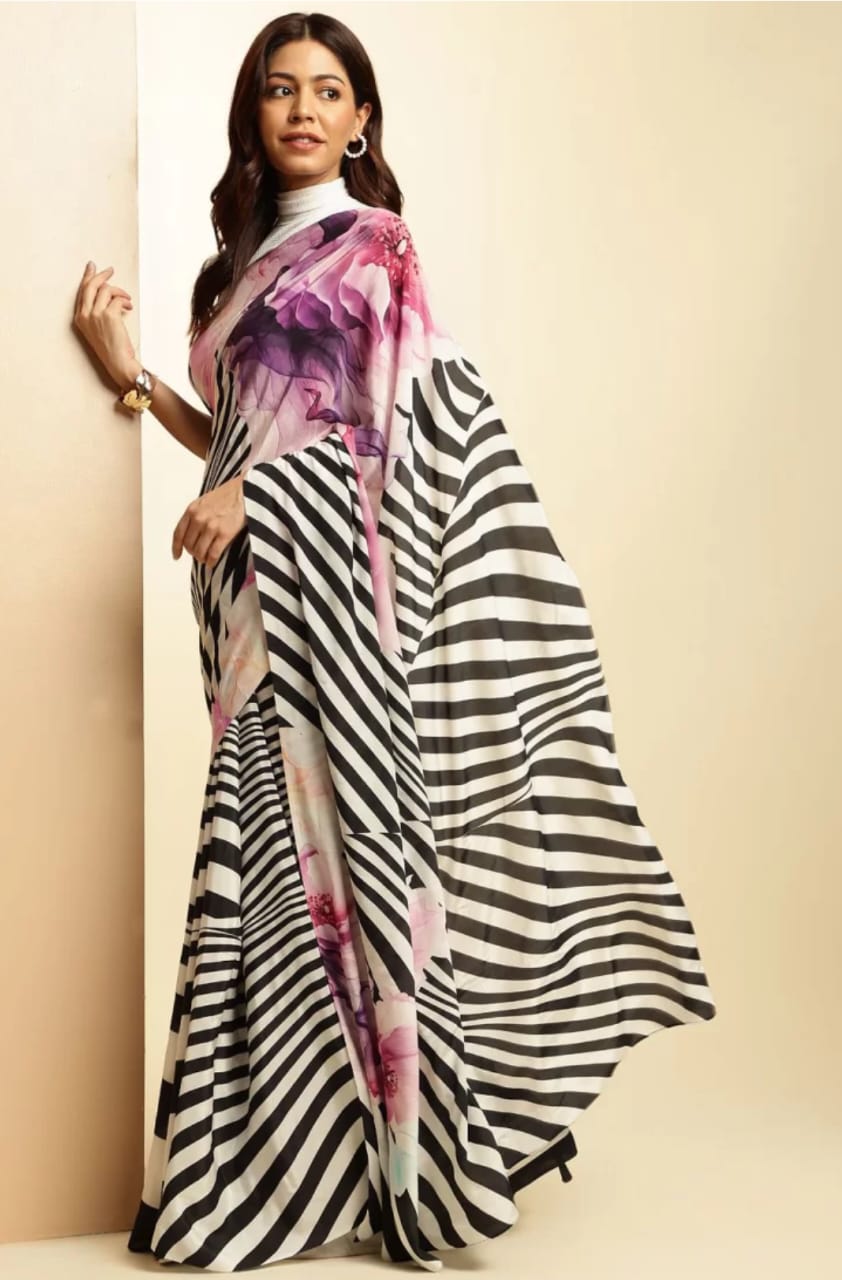 New Designer Original Japan Satin Devsena Zebra And Flower Print Saree With Digital Printed Unstiched Blouse Piece