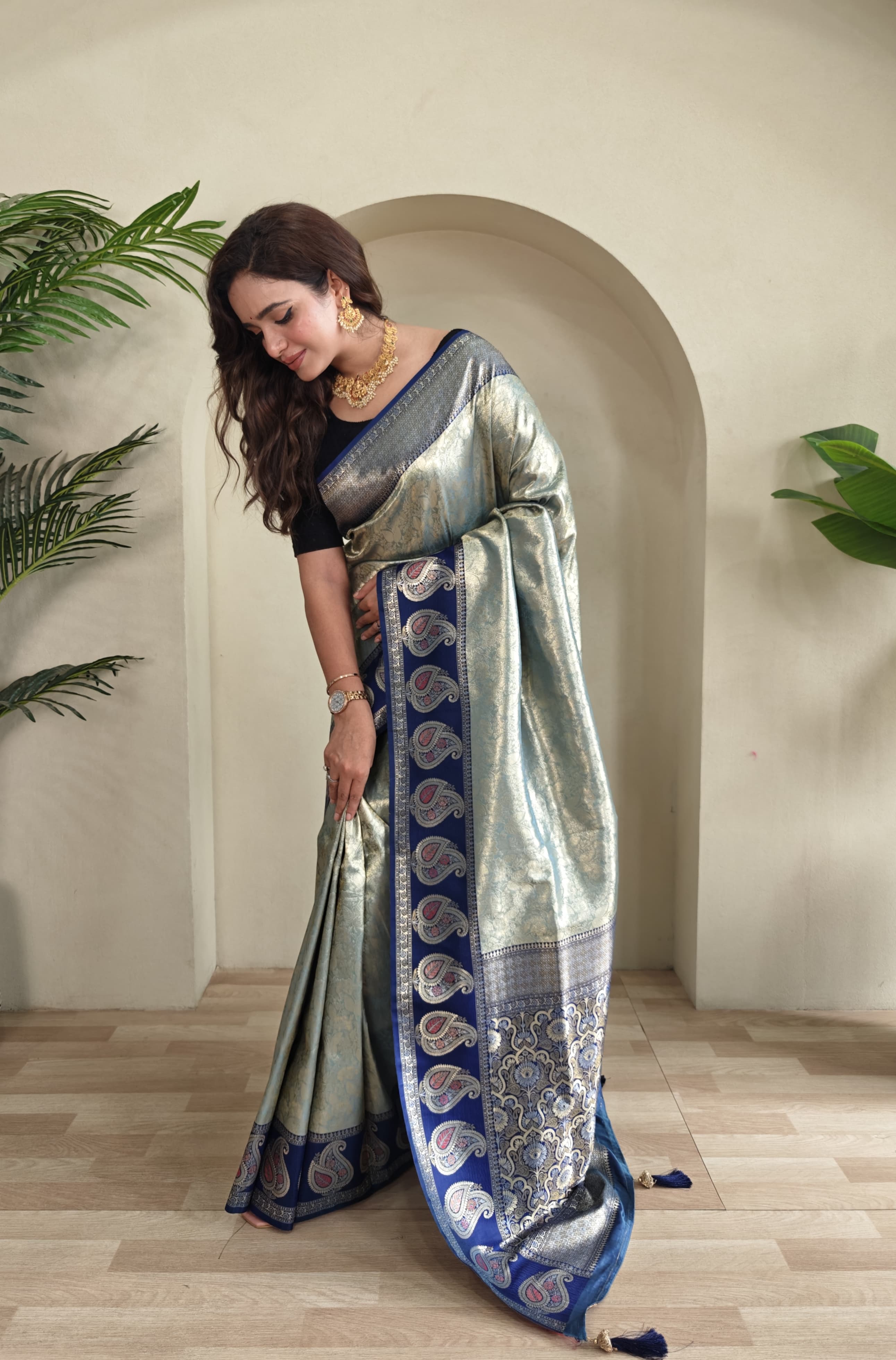 New Designer Zari Kanchi Silk Blue Saree With Self Weaving Designer All Over Saree Along With Running Unstiched Blouse Piece