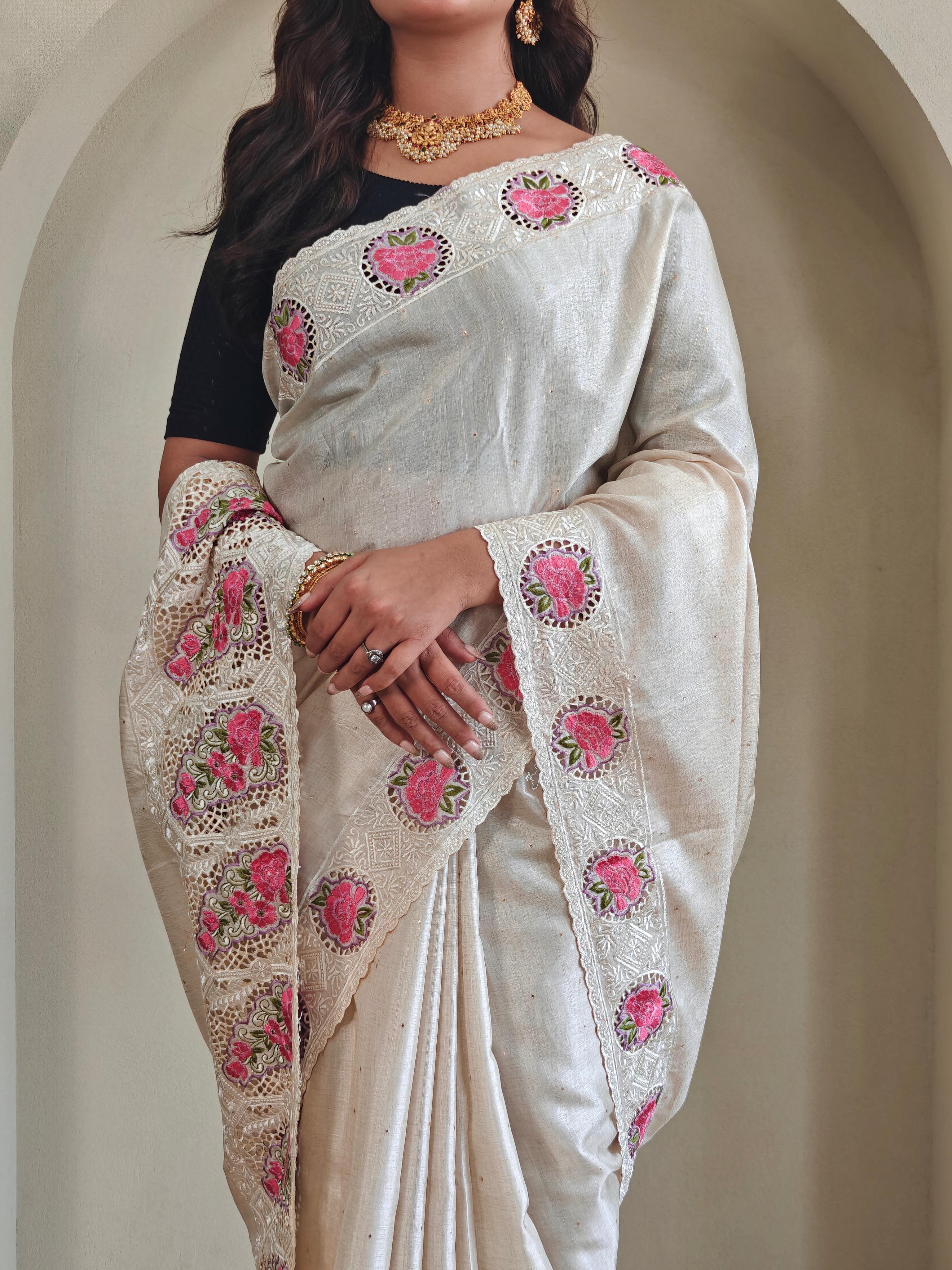 New Designer Soft Tussur Silk off White Saree With Super Fine Embroidered Pattern With Running Unstiched Blouse Piece