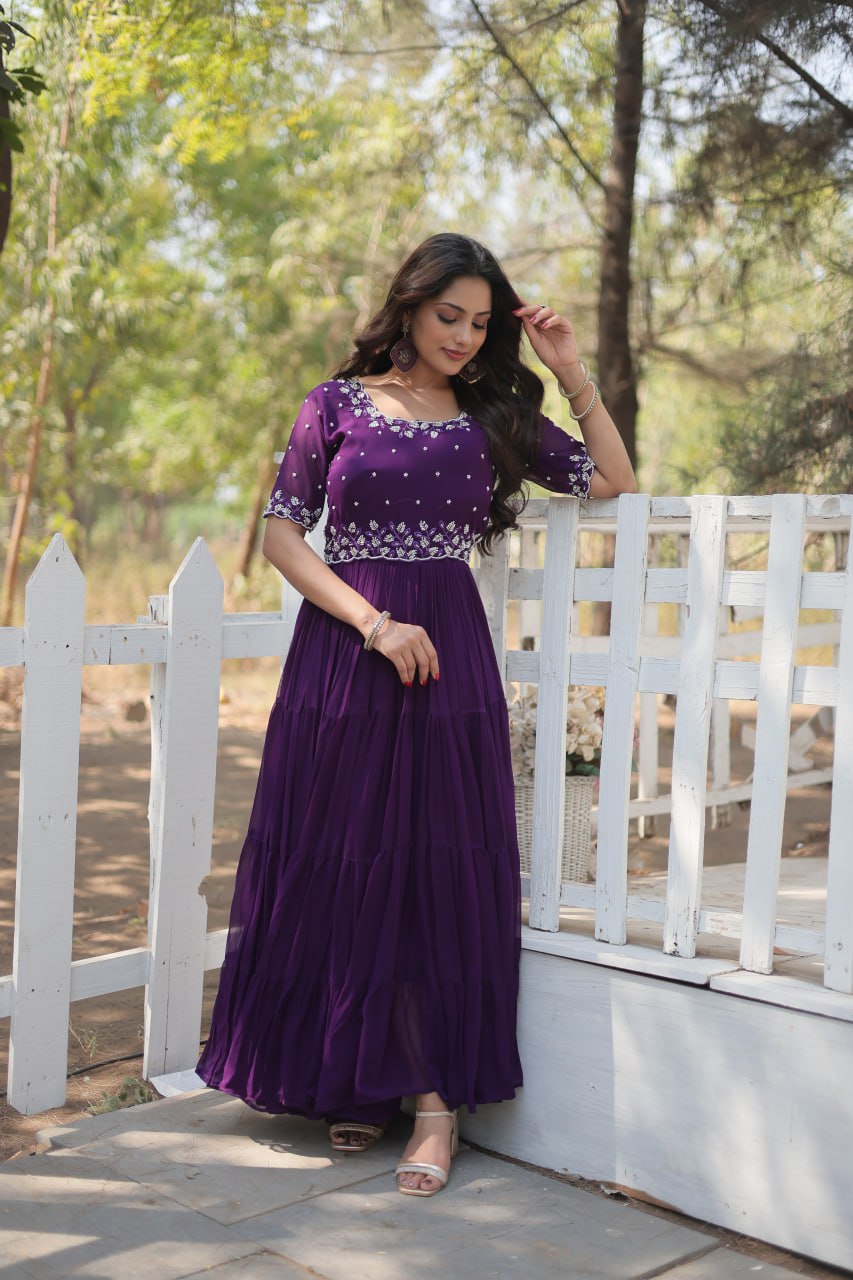 PREMIUM DESIGNER READYMADE GOWN WITH BEADS EMBROIDERY WORK - PURPLE