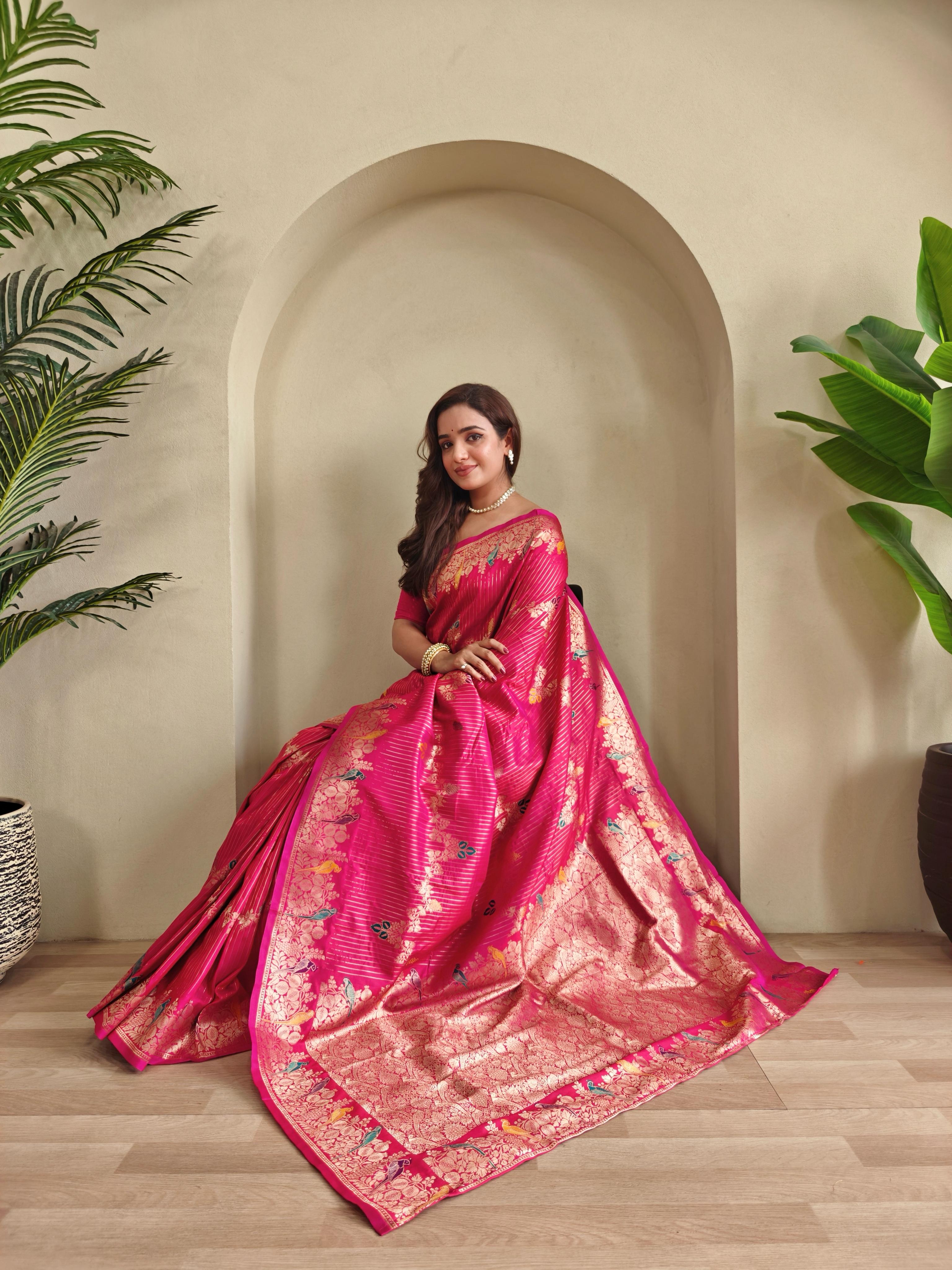 New Designer Banarasi Mushro Satin Silk Zari Weaved Pink Saree With Unstiched Blouse Piece
