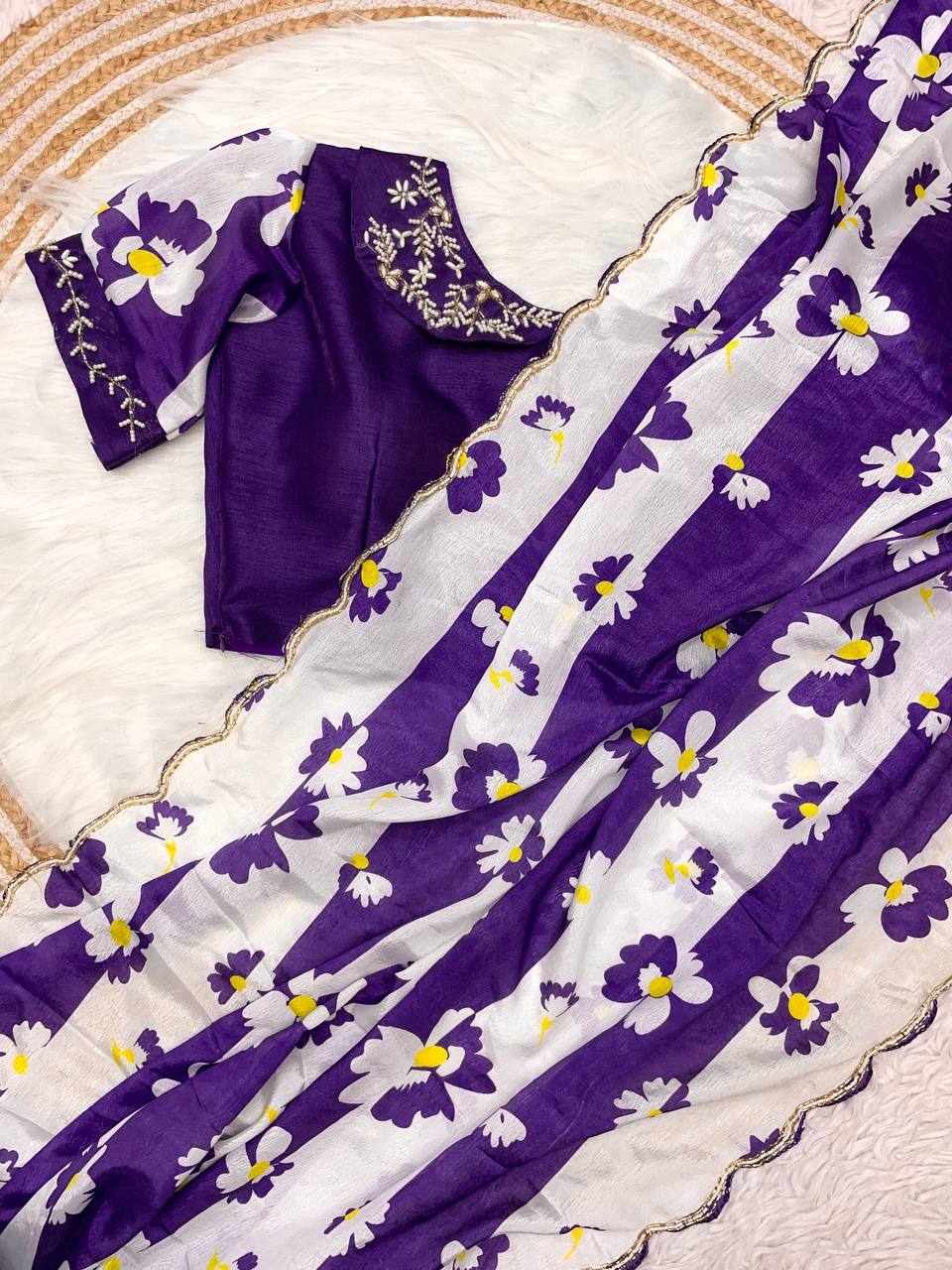 New Designer Digital Printed Chinnon Saree - Purple