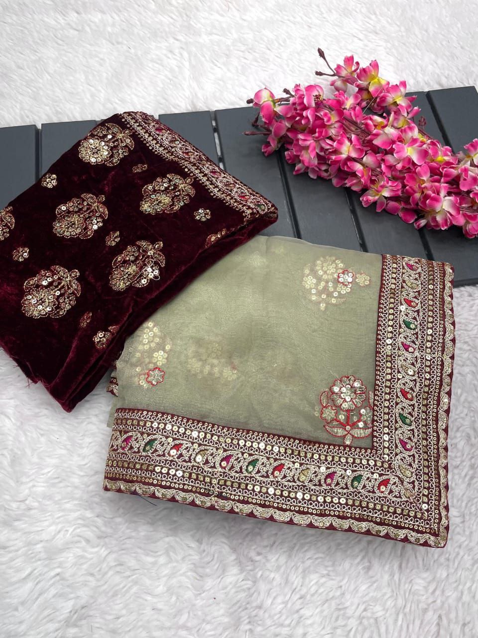 New Designer Soft Organza Silk Pista Saree