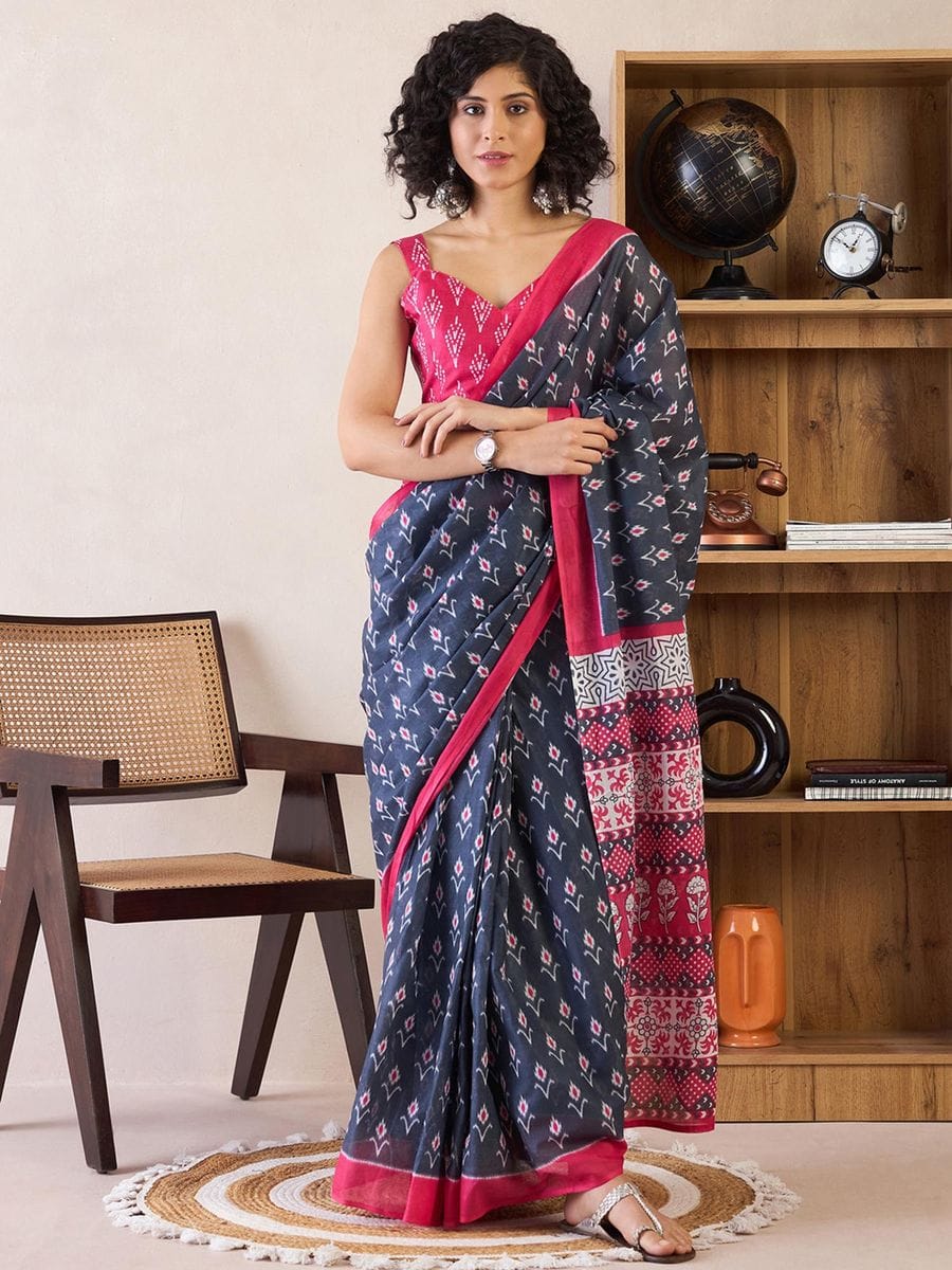 New One Minute Ready To Wear Flower Designed Pure Soft Mul Cotton Silk Navy Blue Saree With  Pocket Along With Running Unstiched Blouse Piece