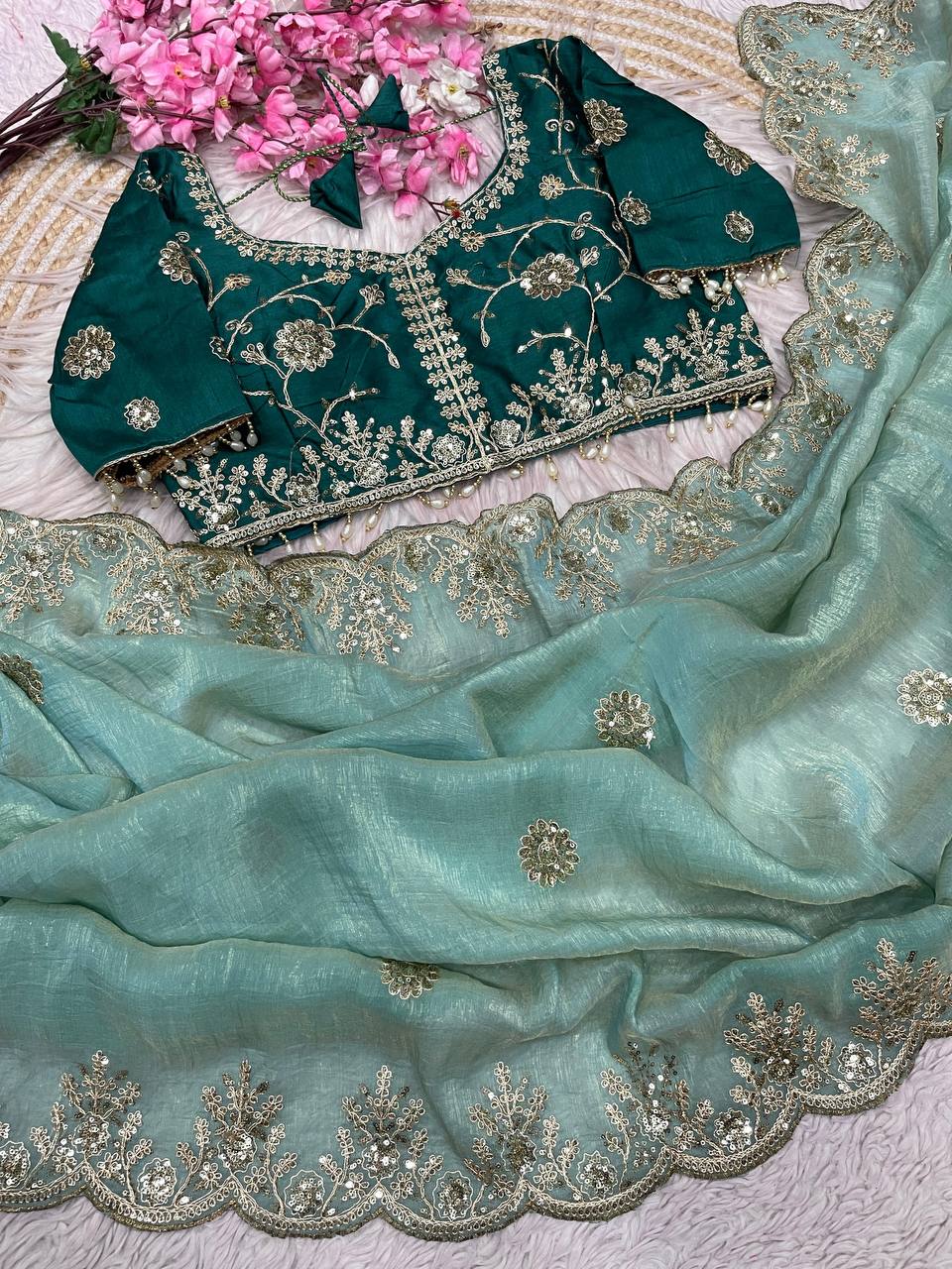 New Designer NC Vichitra Two Tone Teal Green Saree With Sequence Coding Embroidery Work