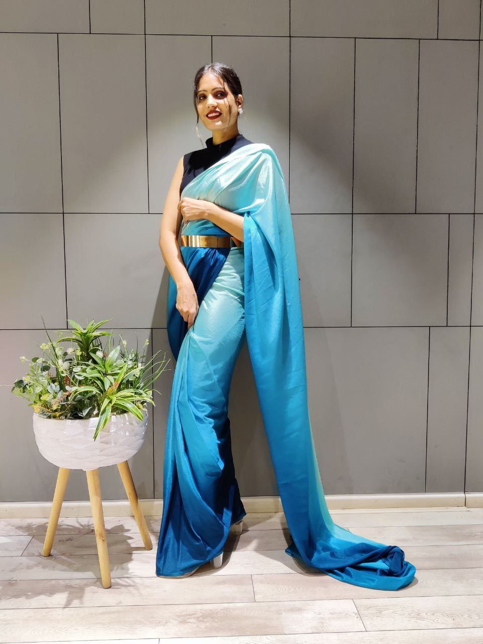 New One Minute Ready Wear Dual Blue Tone Georgette Saree