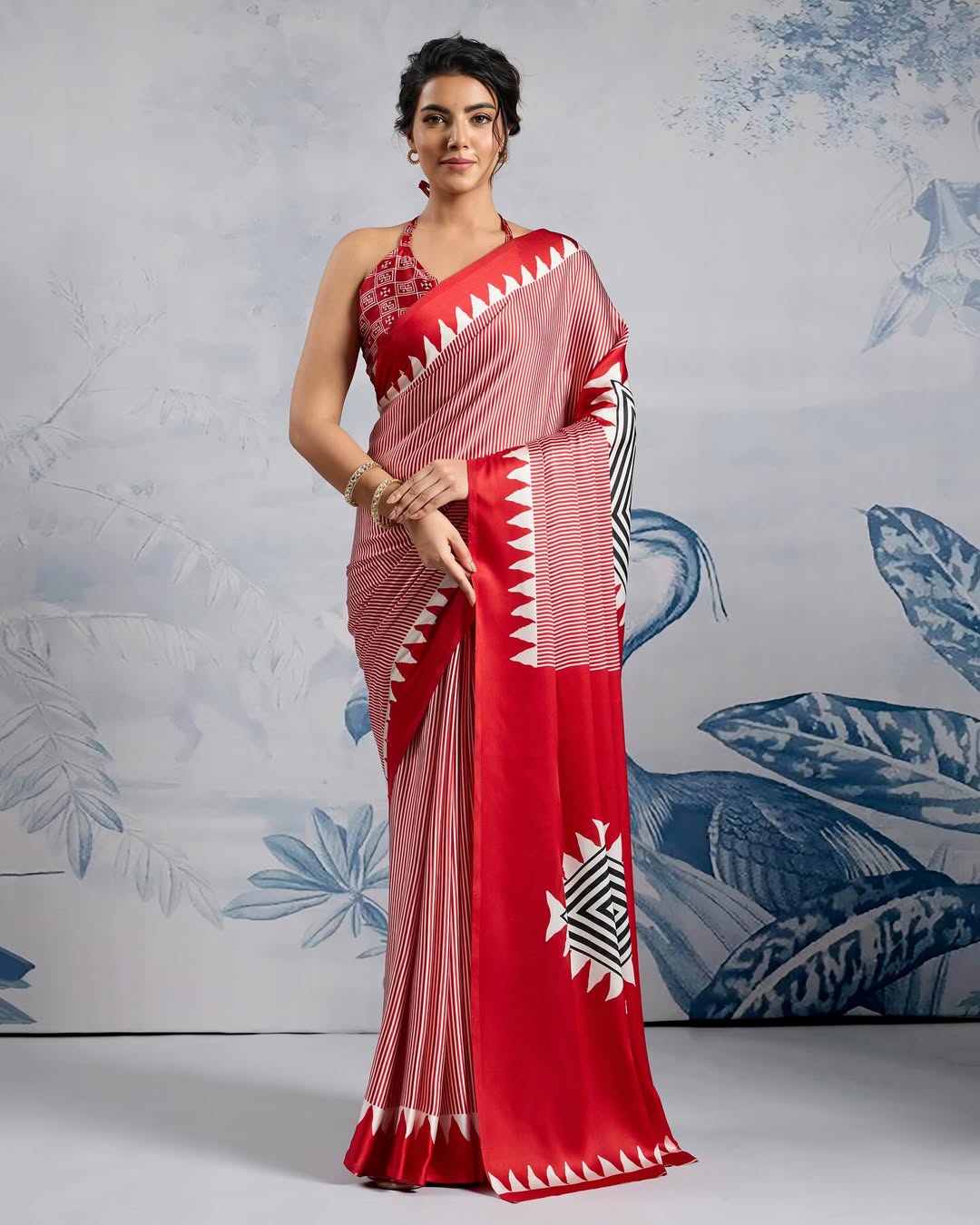 New One Minute Ready To Wear Digital Printed Crape Silk Red Saree