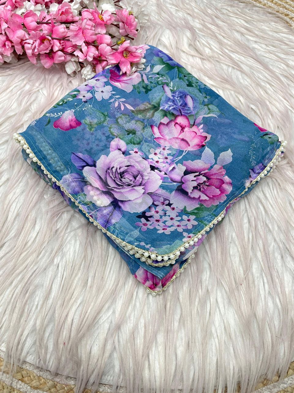 New Designer Digital Floral Printed Georgette Saree - Blue