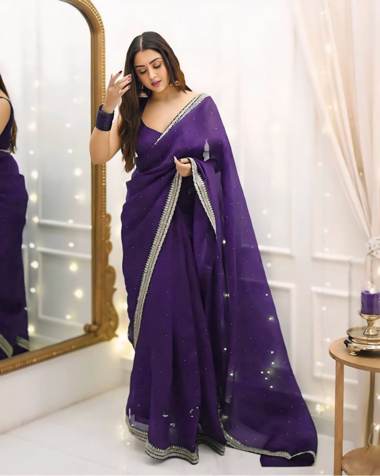 New One Minute Ready To Wear Pure Soft Organza Silk Dark Purple Saree With Beautiful Diamond Work All Over The Saree Handwork With Same Colour Stiched Blouse