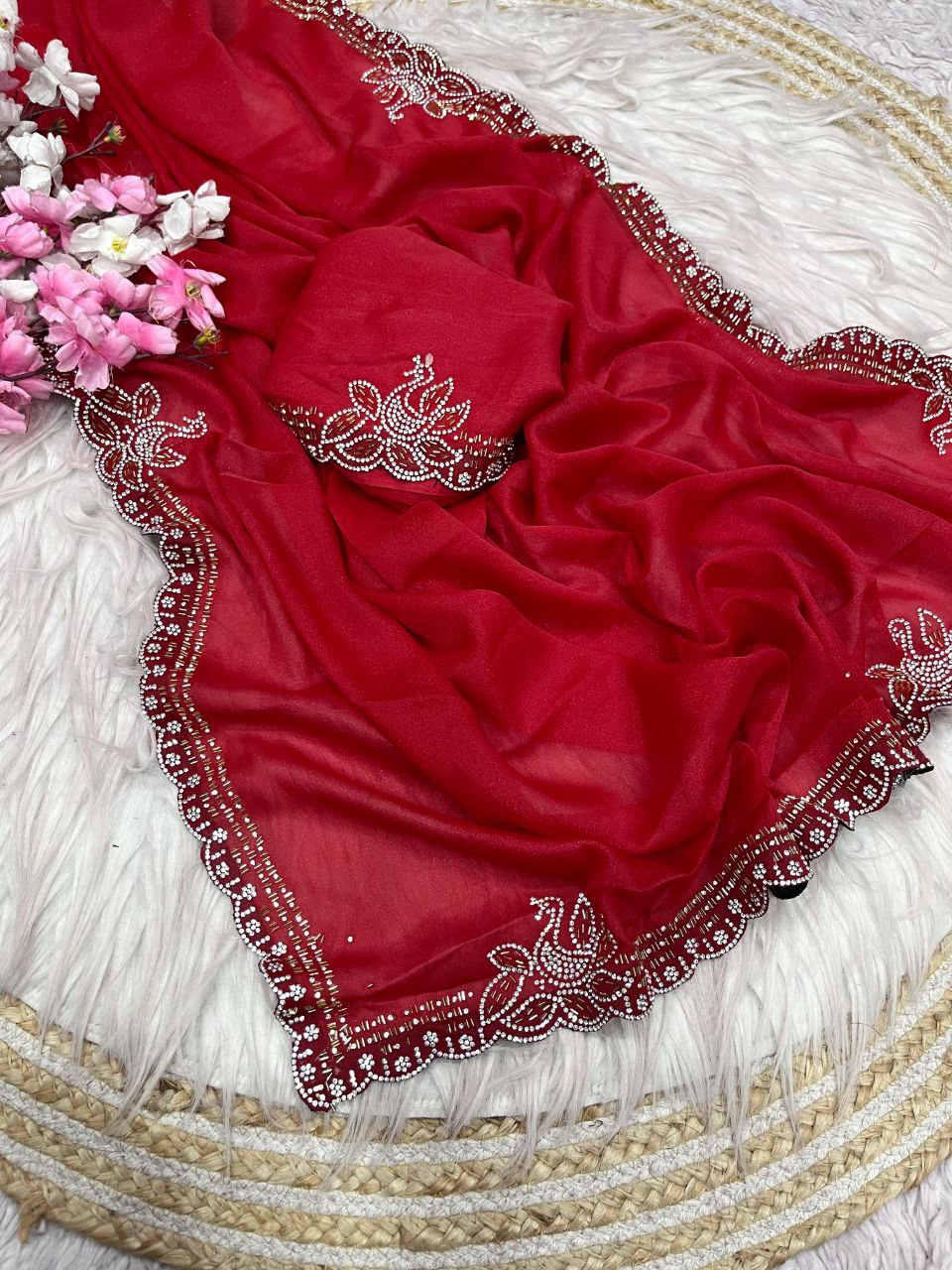 New Designer Blooming Georgette Red Saree With Jarkhan Work