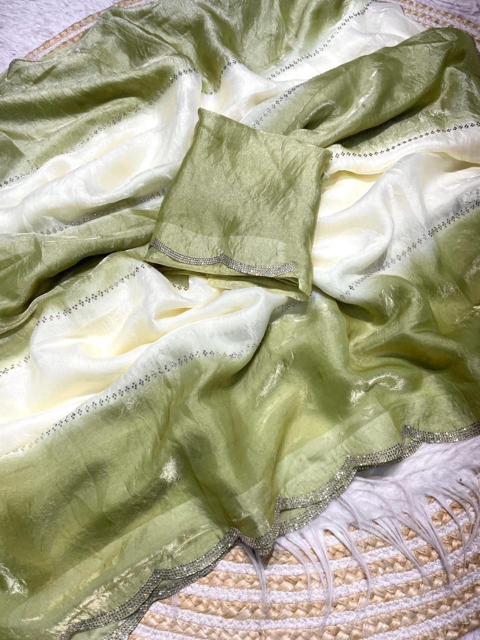 New Designer Fandy Sattin Panding Saree With Jarkhan Work - Mehendi Green