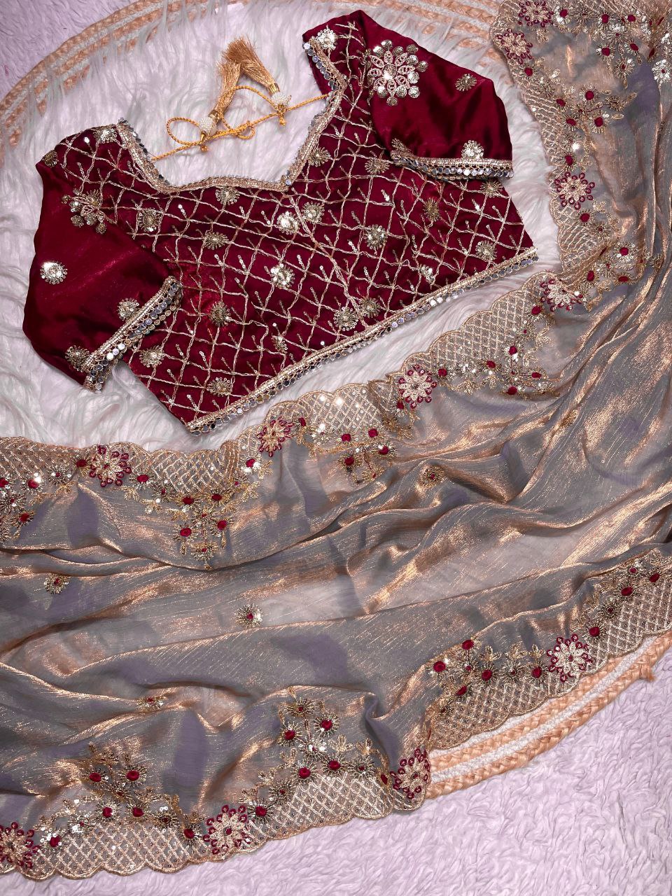 New Designer Fendy Chiffon Two Tone Saree - Grey