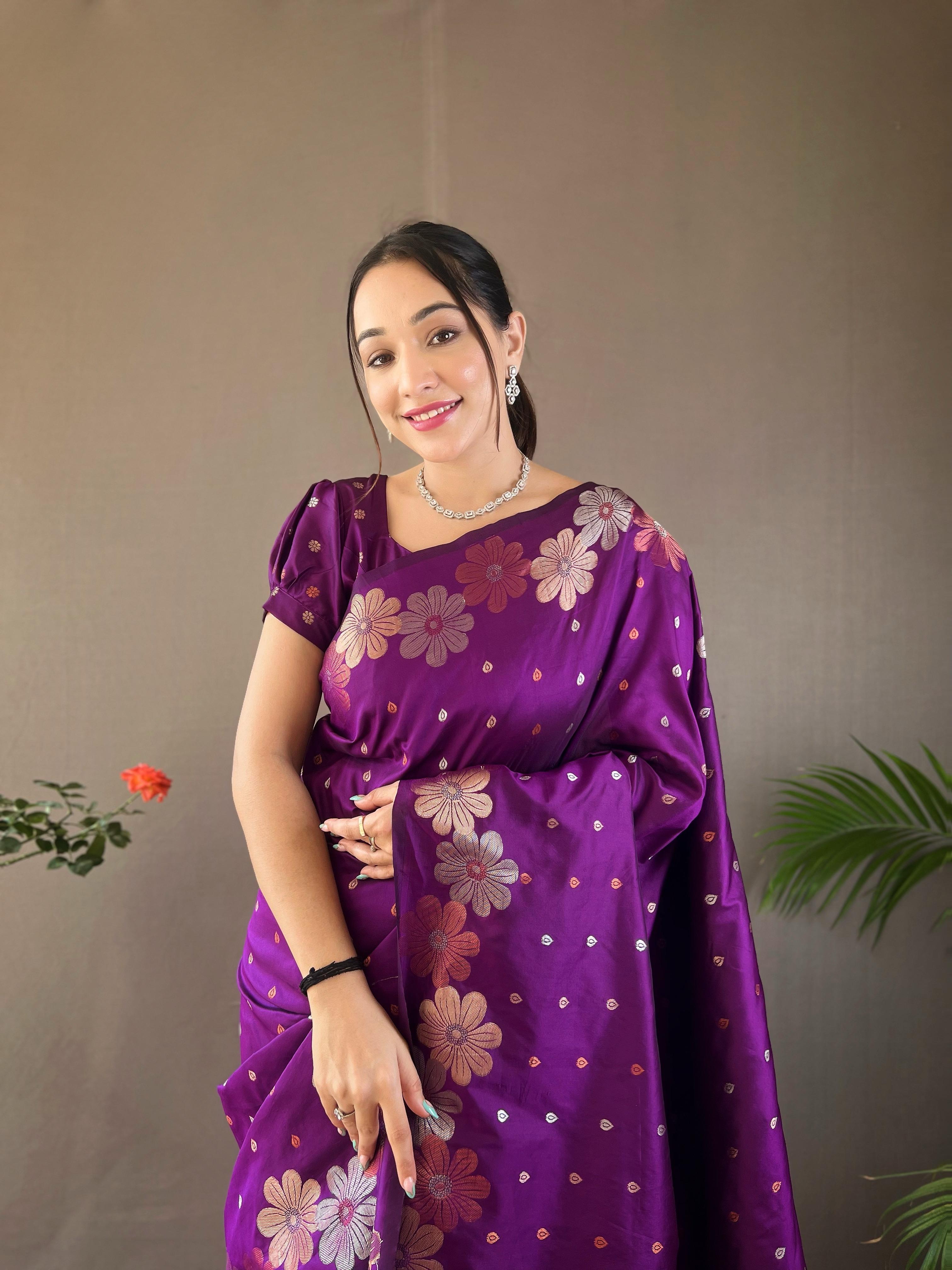 New Designer Pure Soft Silk Violete Saree With Copper and Gold Weaving All Over Saree With Running Unstiched Blouse Piece