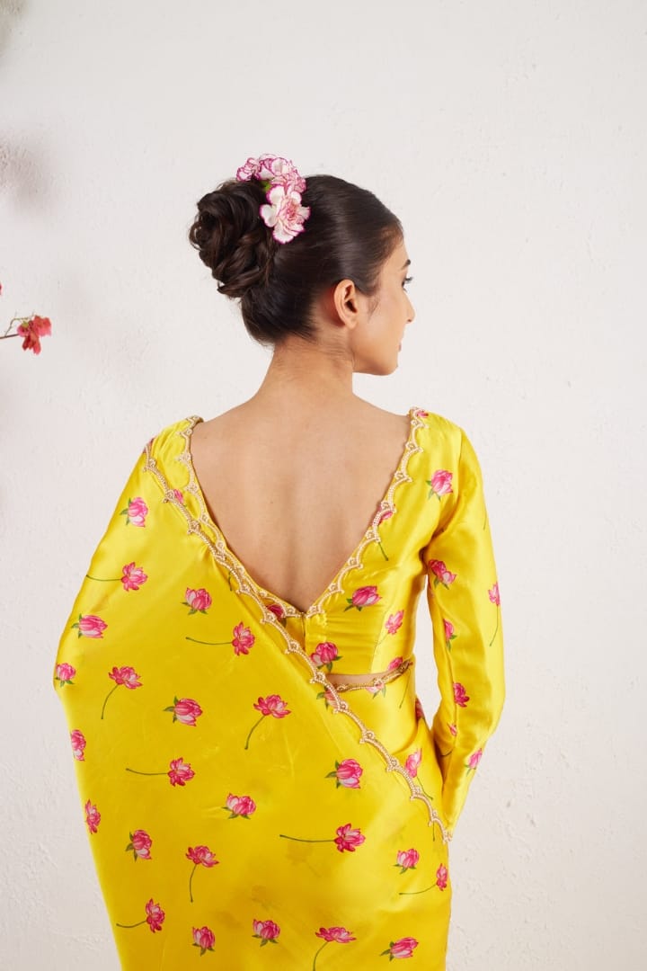 New One Minute Ready To Wear  Pure Soft Satin Silk Beautiful Flower Digital Printed Saree With Cutdana And Moti Handwork With Same Model long Sleeve Stiched Blouse