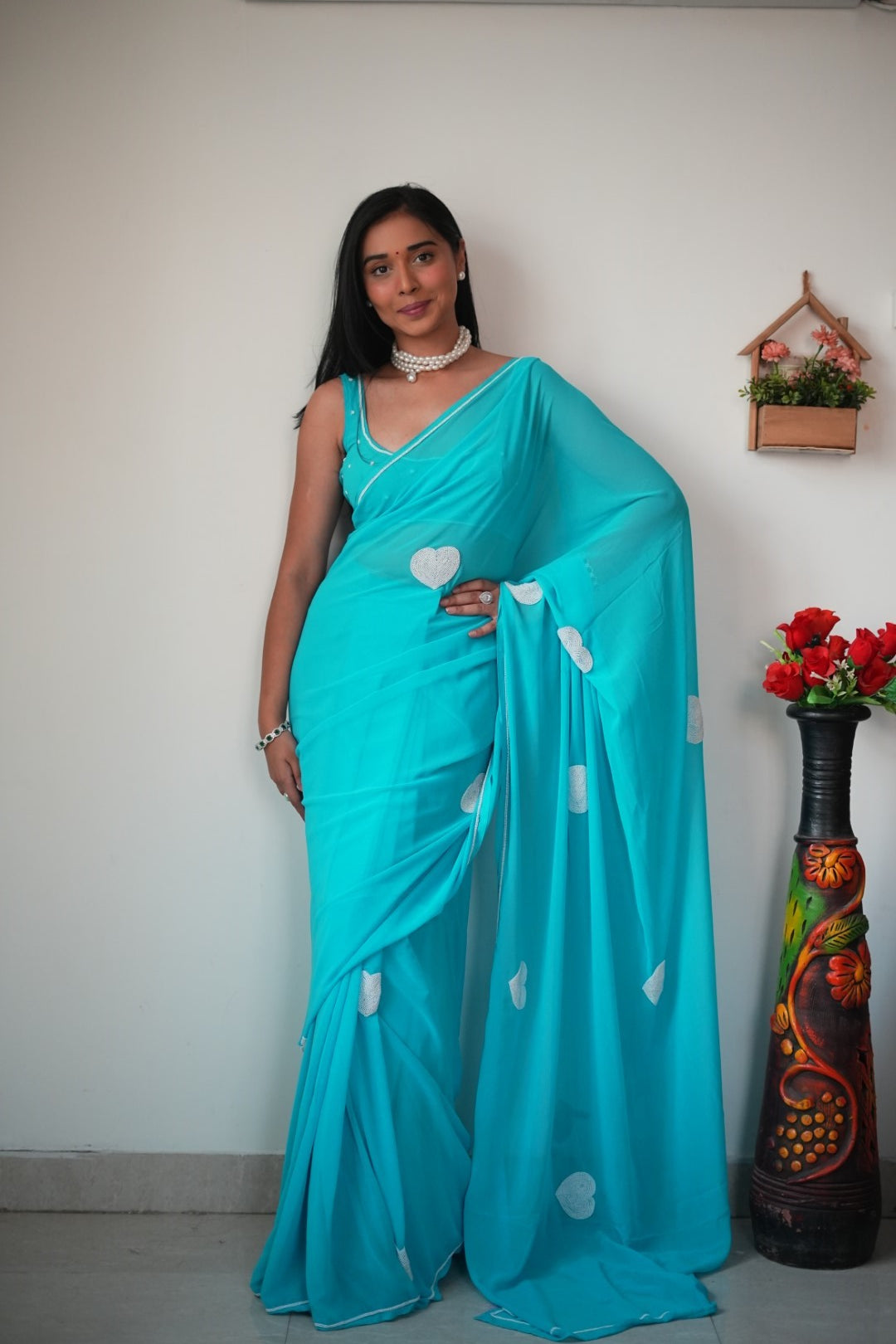 New One Minute Ready To Wear White Heart Embroideried Pure Soft Georgette Silk Ocean blue Saree