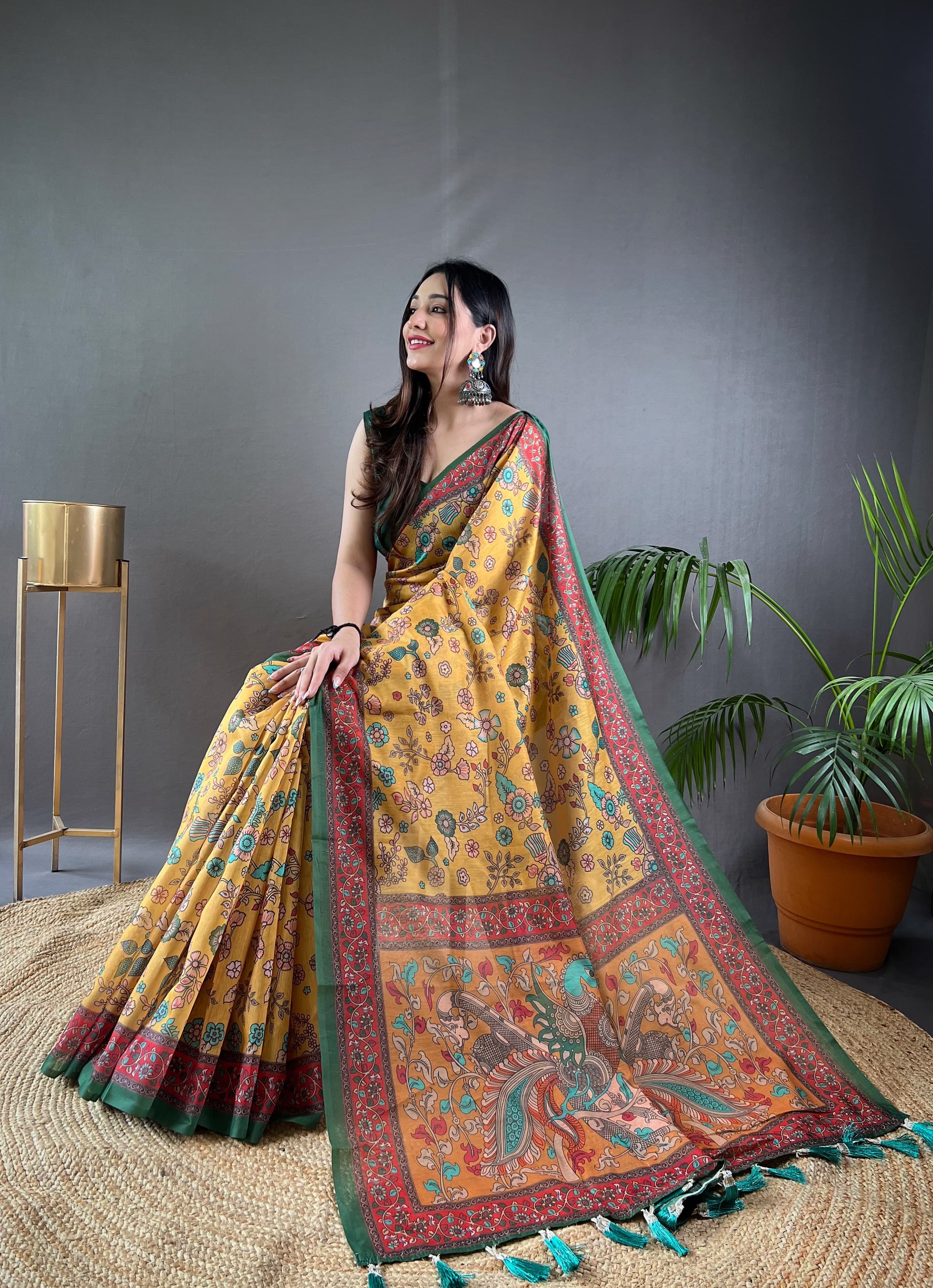 New Designer Pure Malai Cotton Saree With Beautiful Kalamkari Prints Along With Contras Big Pallu With Tussels - Musturd Yellow