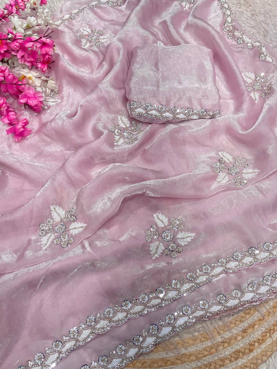 New Designer Fandy Sattin Saree With Brits Work - Pastel Pink
