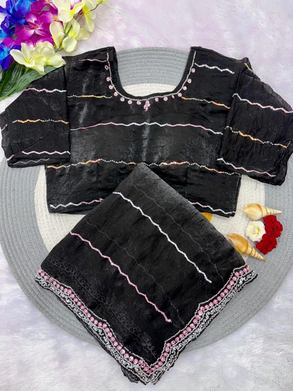 New Designer Fandy Sattin Saree With Brits Work - Black