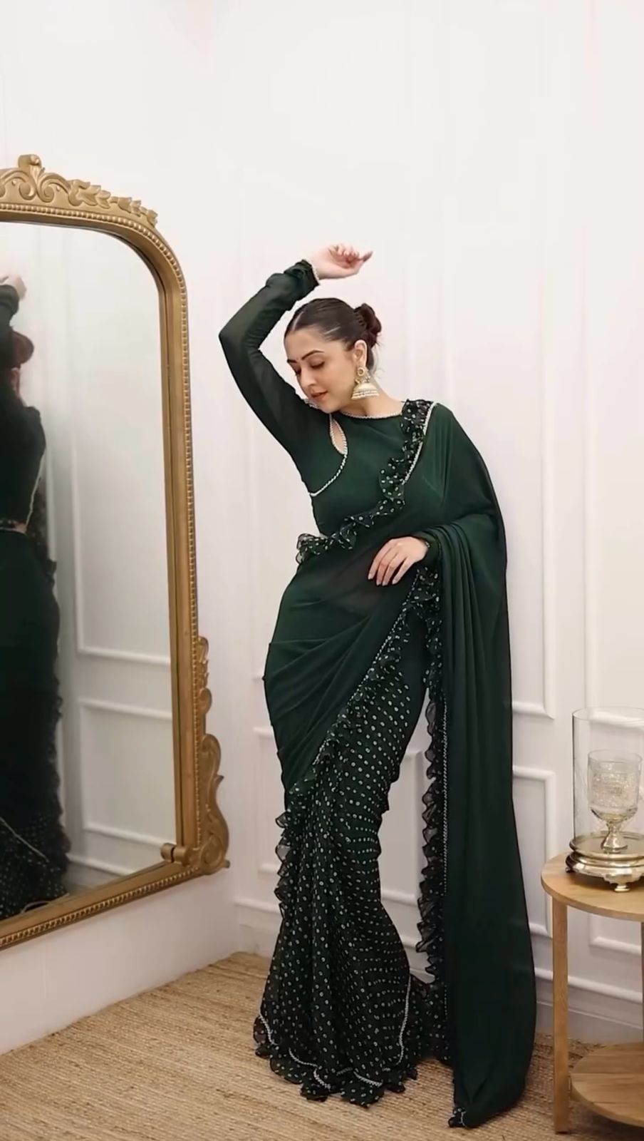 New One Minute Ready To Wear Faux Georgette Silk Saree With Ruffle And Digital Print Design With Same Model  Unstiched Blouse Piece