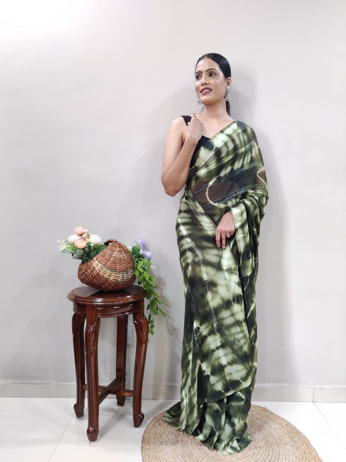 New One Minute Ready Wear Green Bandhani Georgette Saree
