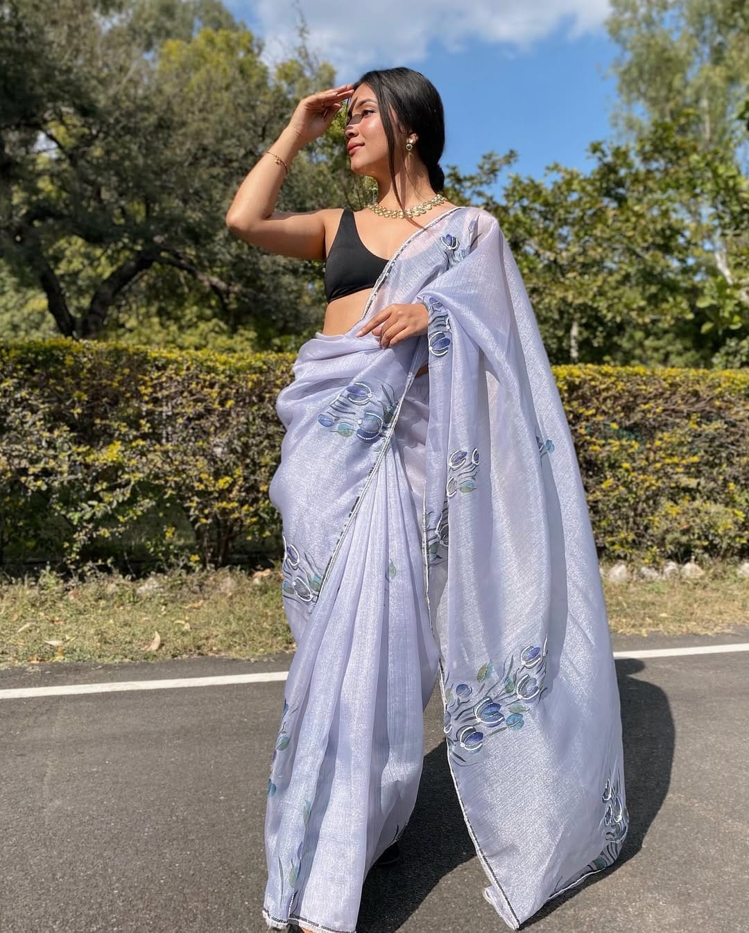 New One Minute Ready To Wear  Pure Soft Organza Silk Lavender Saree With Beautiful Moti and Cutdana Handwork With Same Model Unstiched Blouse Piece