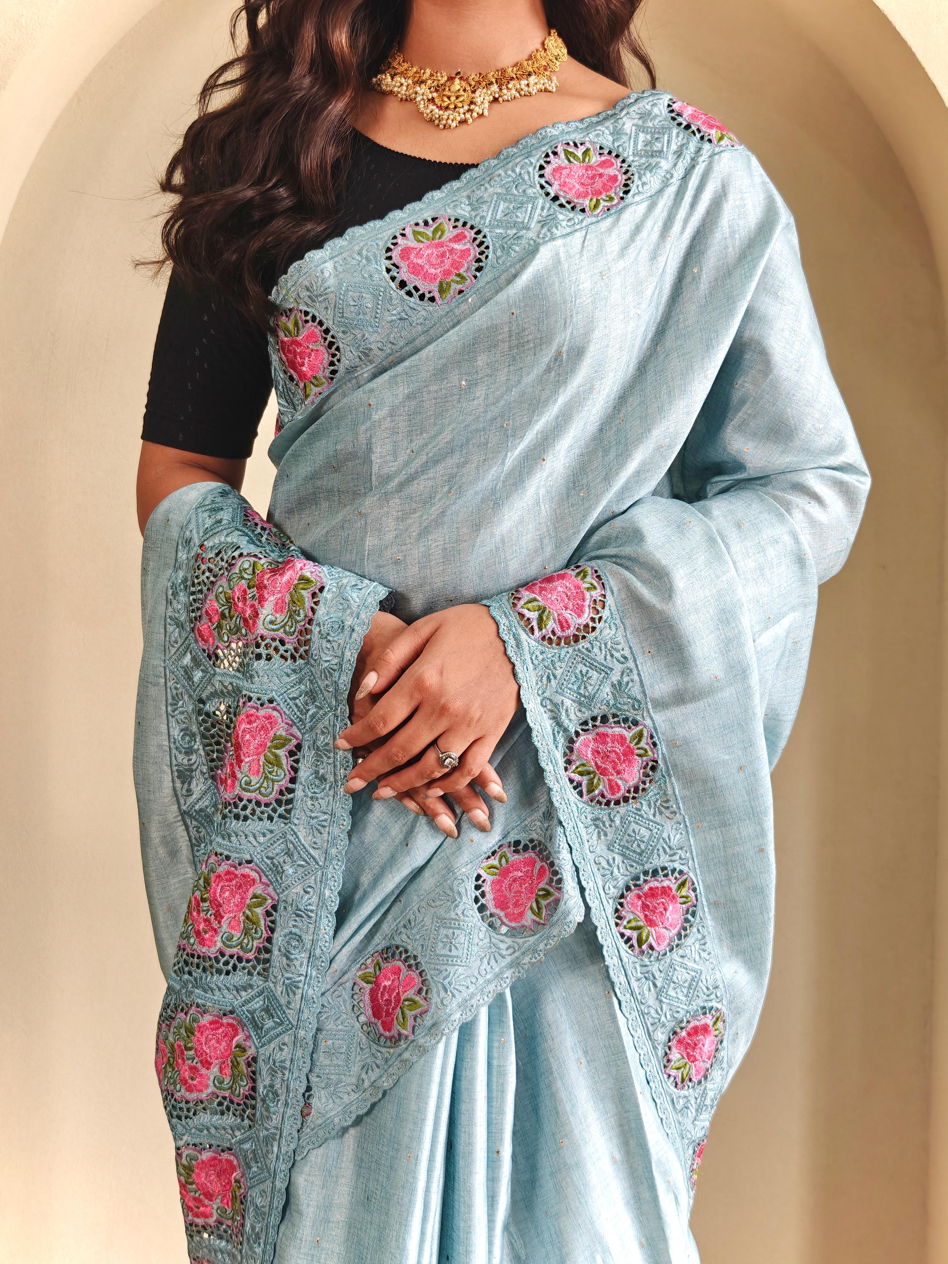 New Designer Soft Tussur Silk Pastel Sky Blue Saree With Super Fine Embroidered Pattern With Running Unstiched Blouse Piece