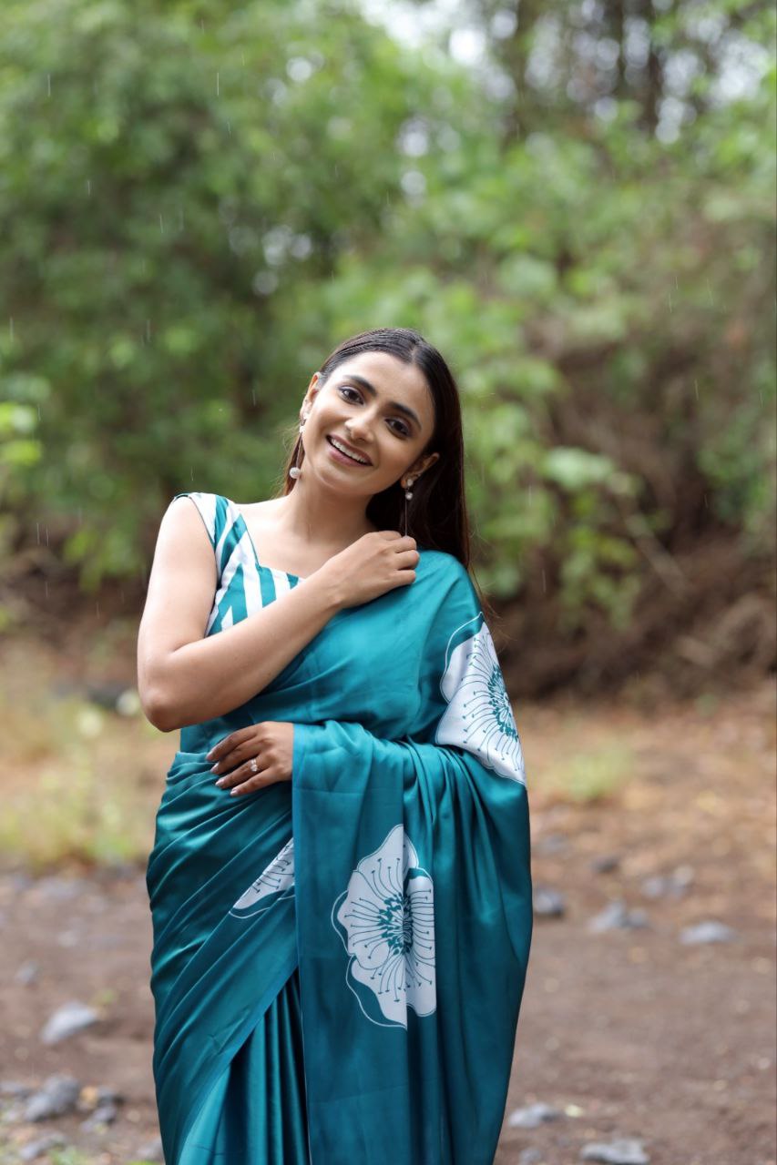 New Designer Original Japan Satin Flower Printed Teal Blue Saree With Digital Printed Unstiched Blouse Piece