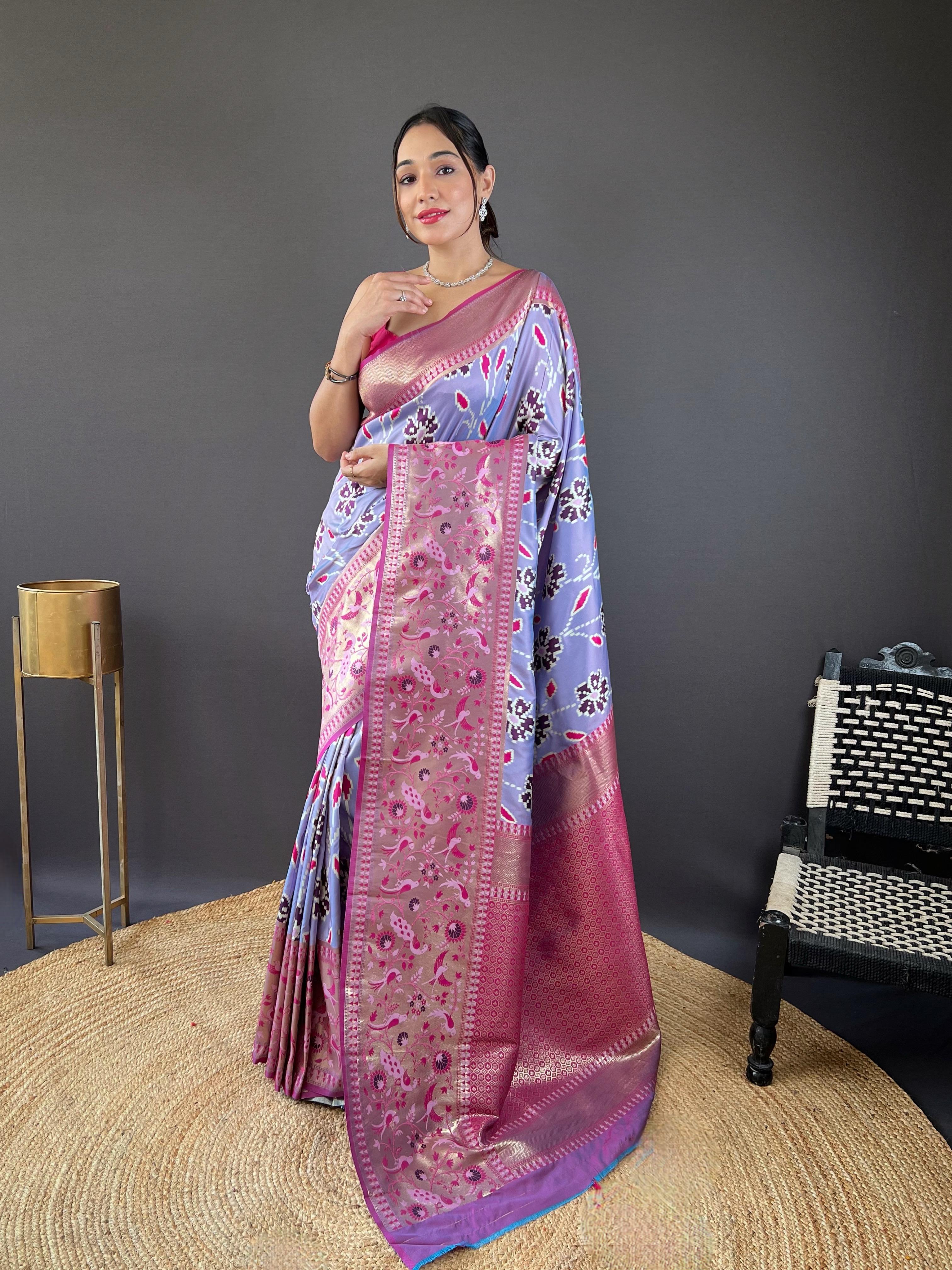 New Designer Premium Soft Silk Patola Weaved Lavender Saree With Unstiched Blouse Piece