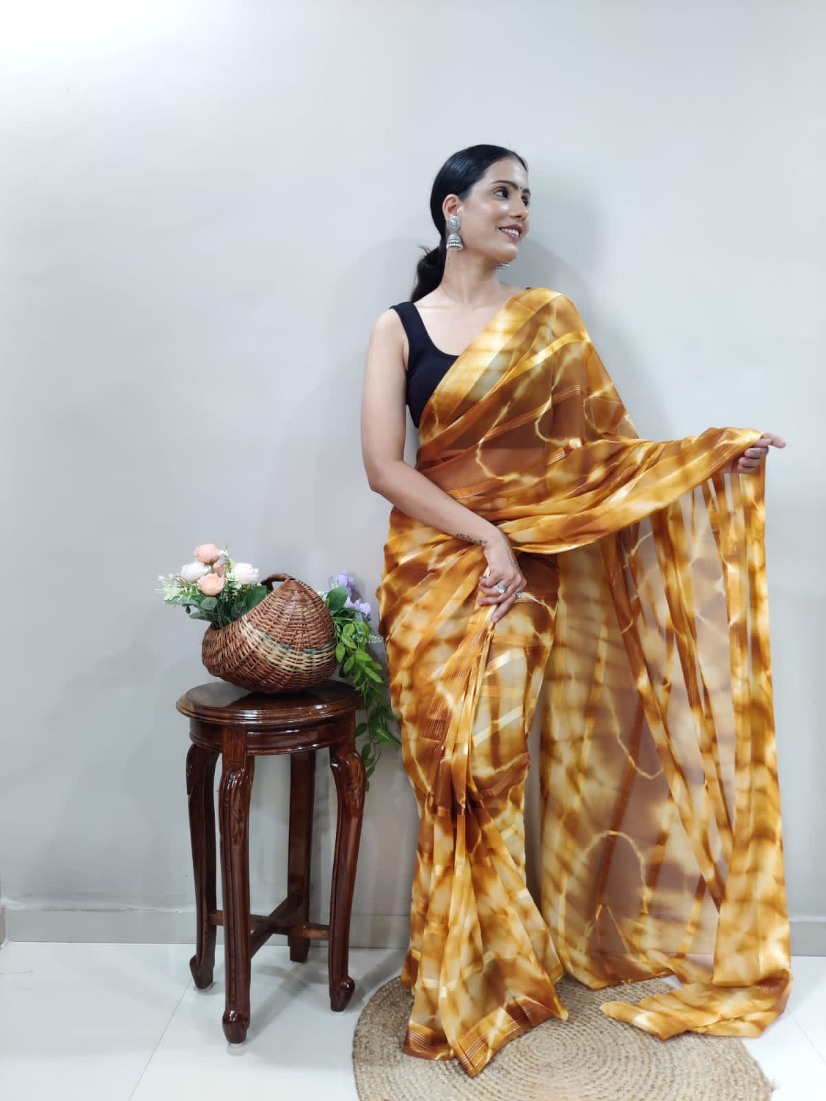 New One Minute Ready Wear Yellow Bandhani Georgette Saree