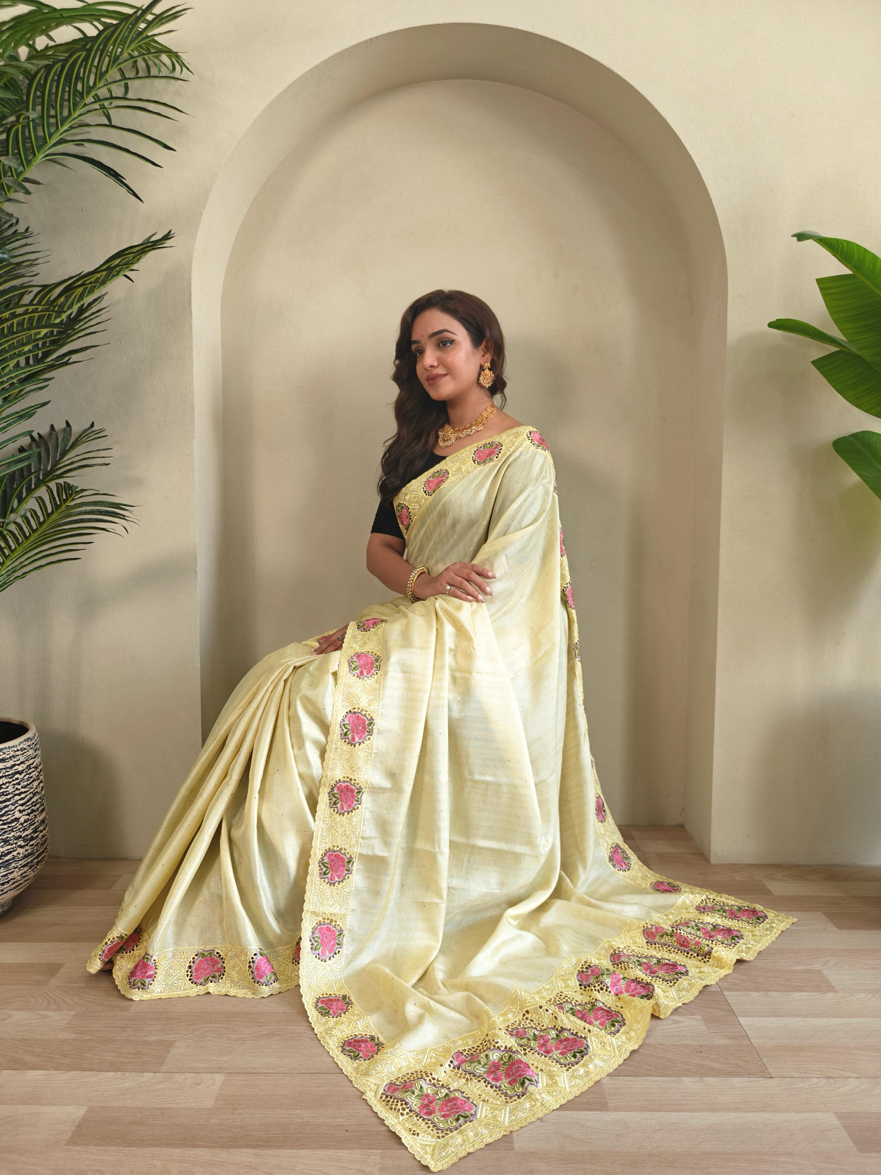 New Designer Soft Tussur Silk Lemon Yellow Saree With Super Fine Embroidered Pattern With Running Unstiched Blouse Piece
