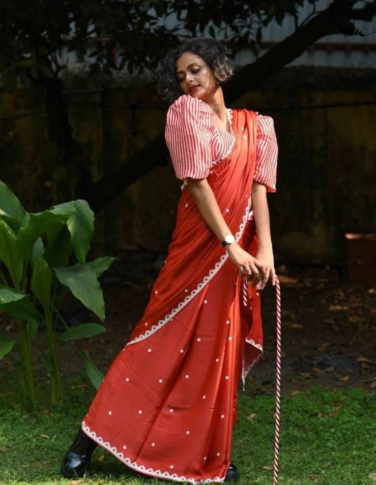 New Designer Original Japan Satin Digital Printed Red Saree With Digital Printed Unstiched Blouse Piece