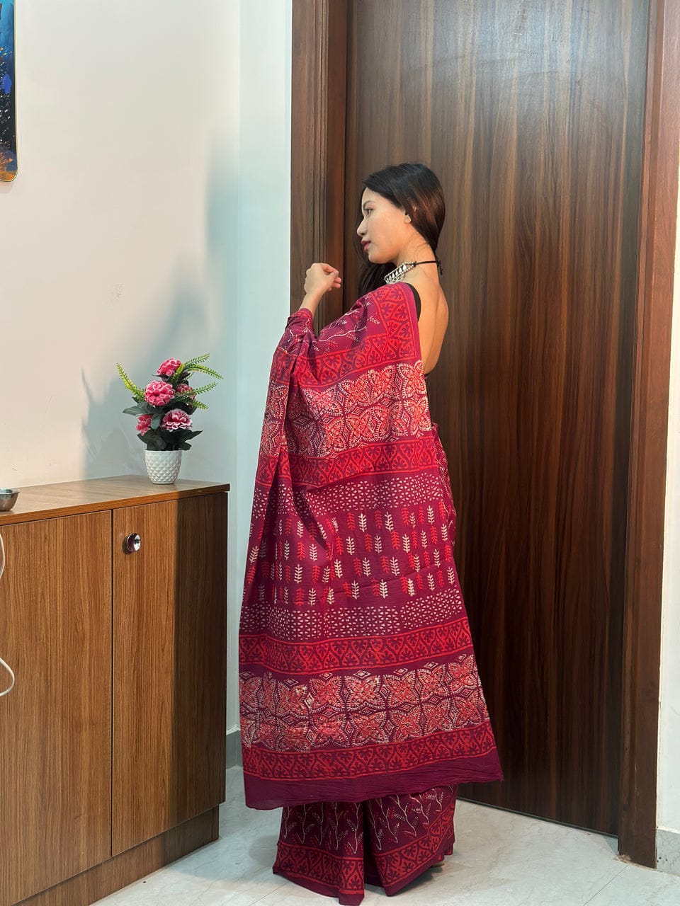 New One Minute Ready To Wear Pure Soft Mul Cotton Silk Maroon Red Saree With Pocket