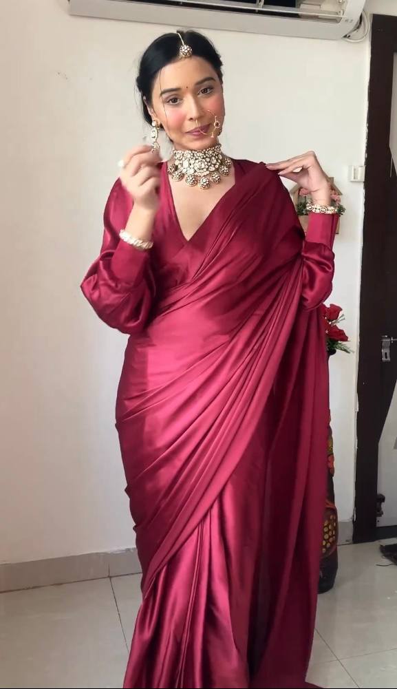 New One Minute Ready Wear Maroon Red Satin Saree