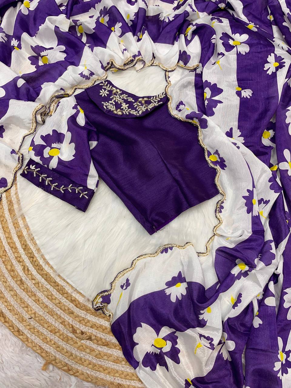 New Designer Digital Printed Chinnon Saree - Purple