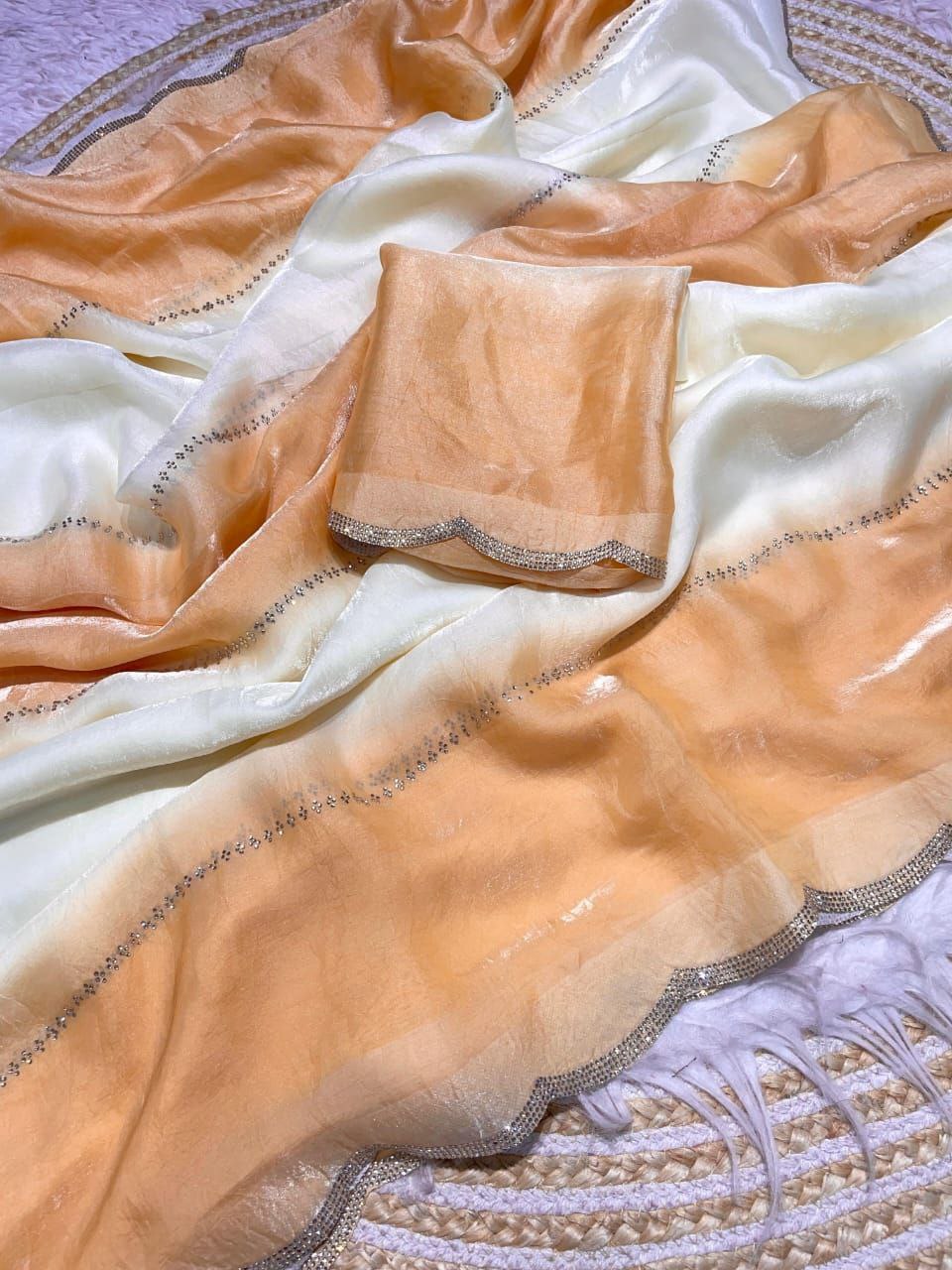 New Designer Fandy Sattin Panding Saree With Jarkhan Work - Pastel Orange