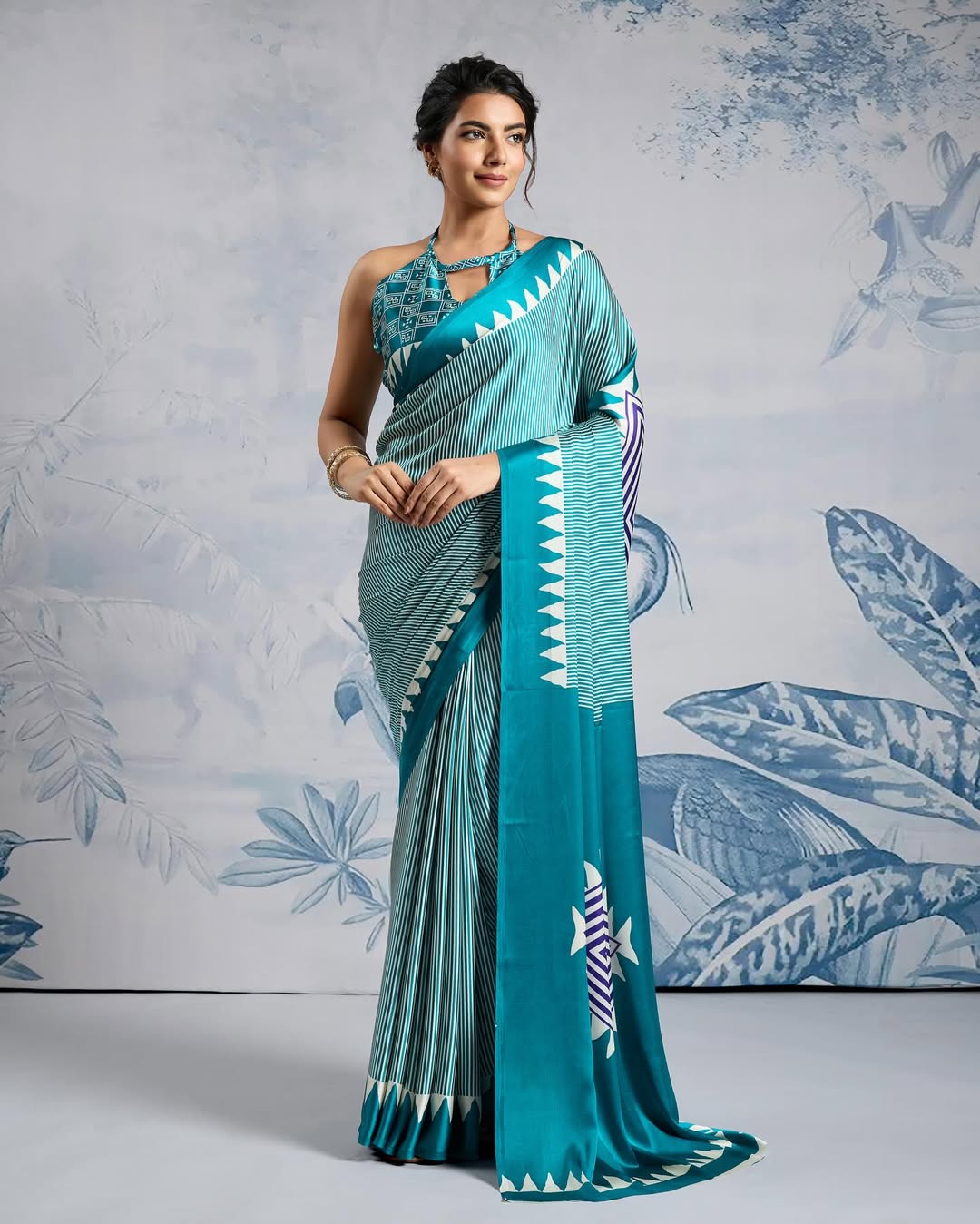 New One Minute Ready To Wear Digital Printed Crape Silk Teal Blue Saree