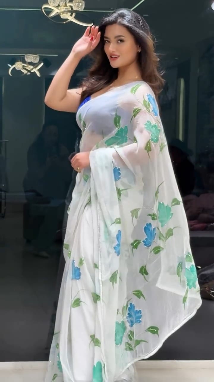 New One Minute Ready To Wear Pure Georgette Silk Saree With Beautiful Cutdana And Moti Handwork With Stiched Blouse