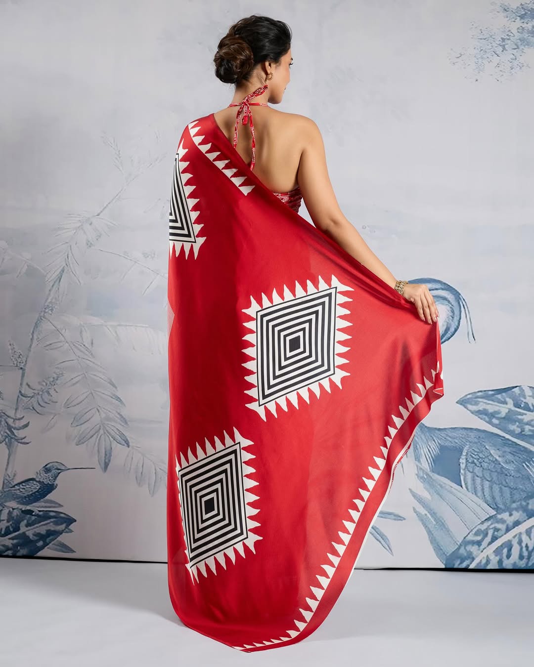 New One Minute Ready To Wear Digital Printed Crape Silk Red Saree