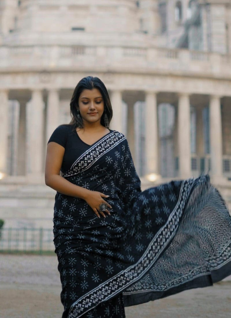New One Minute Ready To Wear Pure Soft Linen Silk Black Saree With Same Model Unstiched Blouse