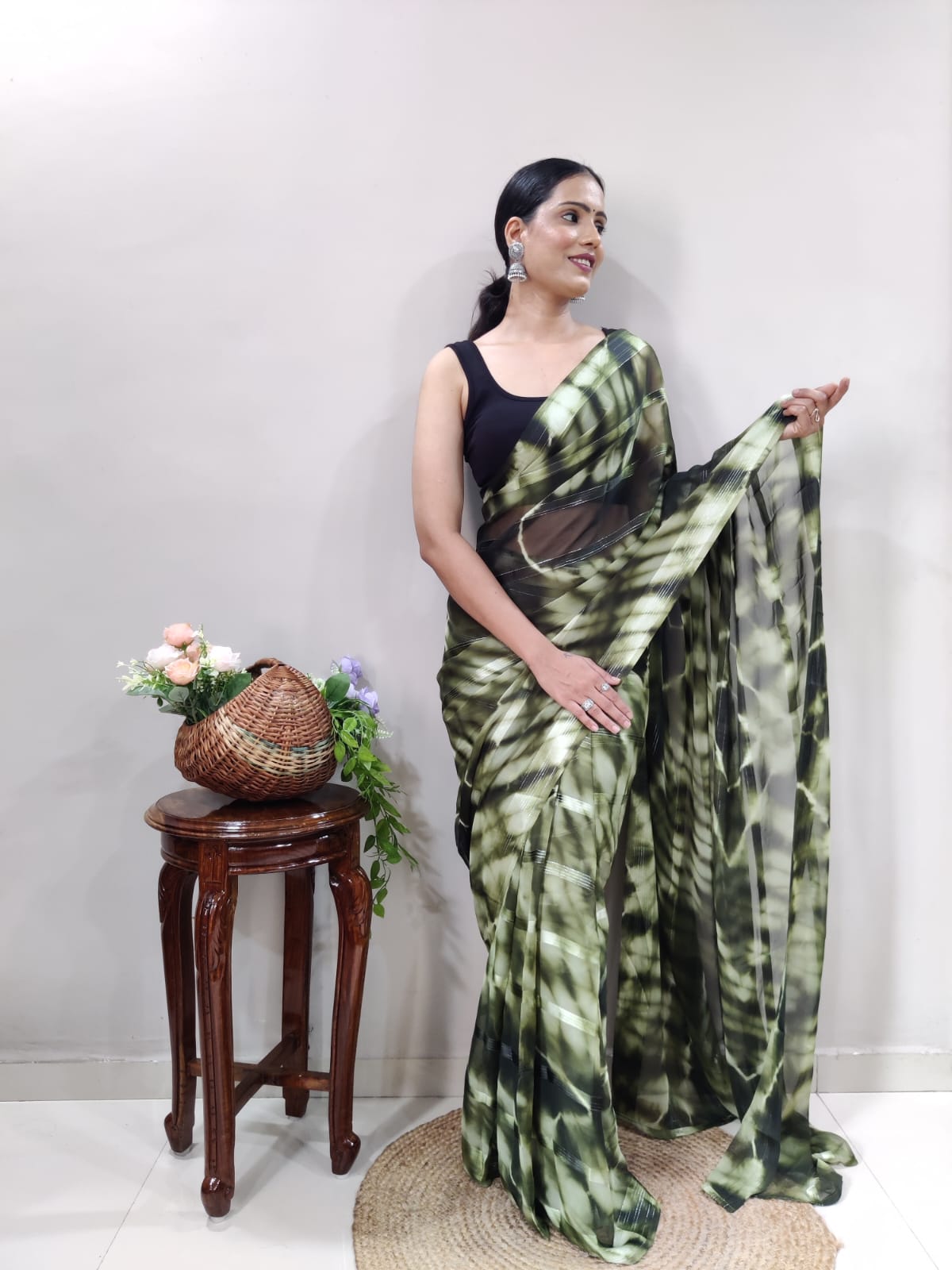 New One Minute Ready Wear Green Bandhani Georgette Saree