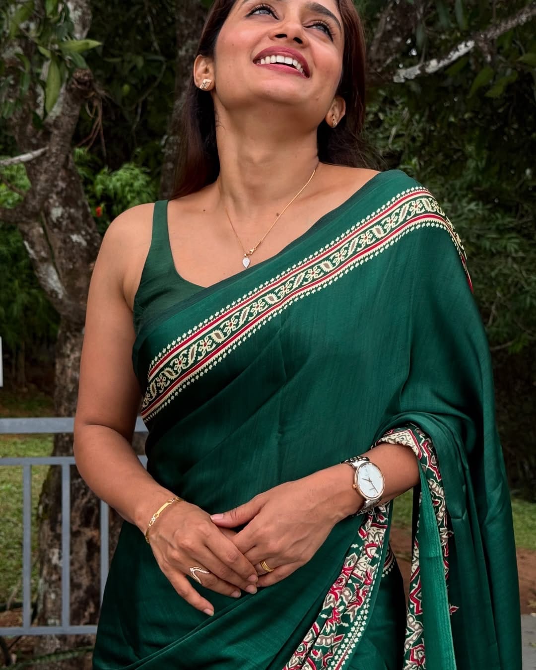 New One Minute Ready To Wear Digital Printed Crape Silk Bottle Green Saree