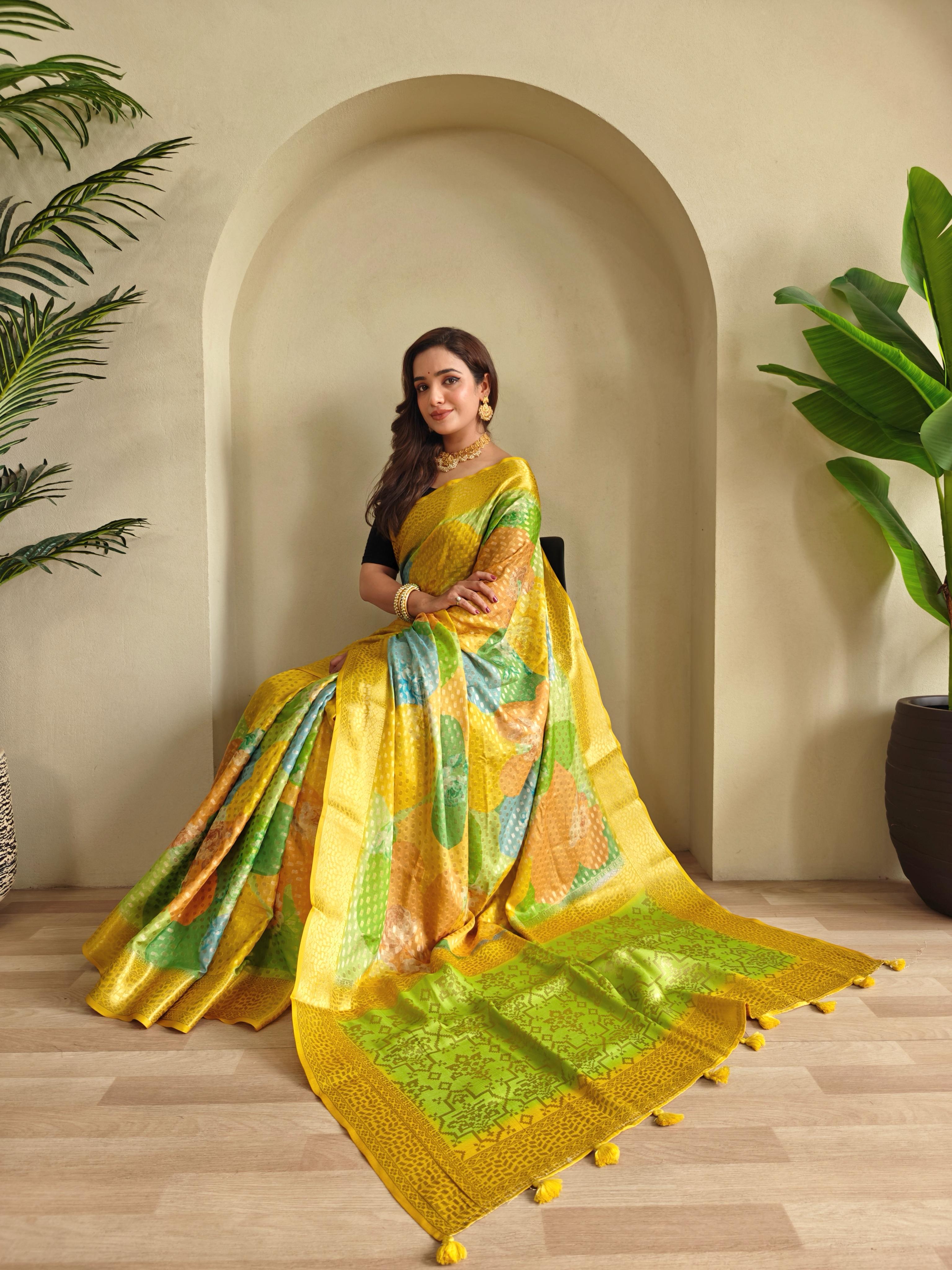 New Designer Premium Georgette Weaving Yellow Bordered Saree With Silver Zari Butti Design Pattern and Rich Pallu With Tassles Unstiched Blouse Piece