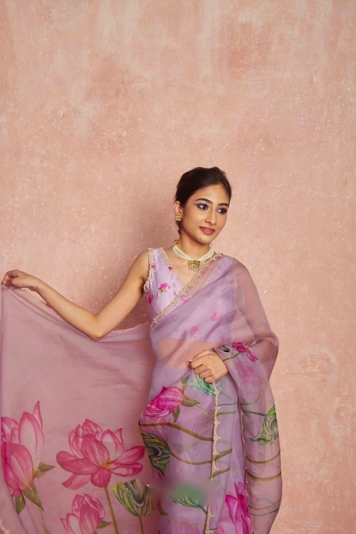 New One Minute Ready To Wear Soft Organza Silk Lavender Saree with Beautiful Hand Worked Moti  And Val Work With Same Handworked Stiched Blouse