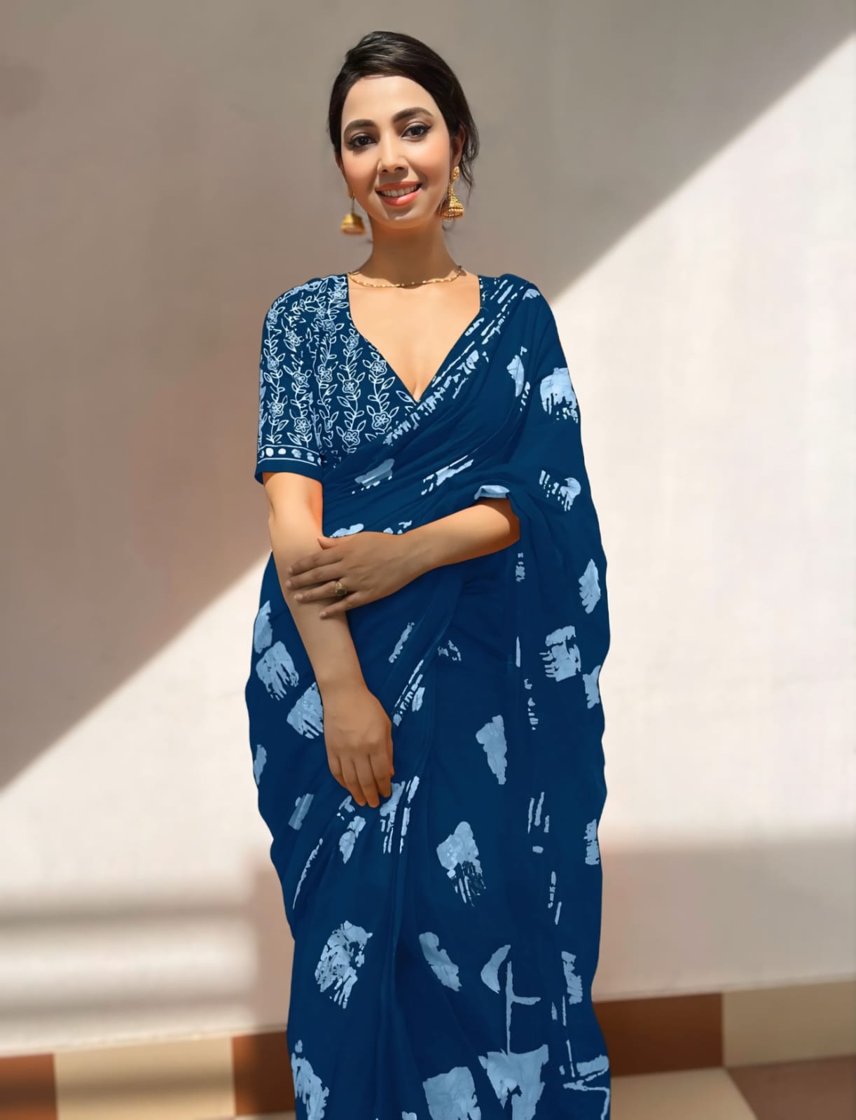 New One Minute Ready To Wear  Pure Soft Mul Cotton Silk Blue Saree With  Pocket Along With Running Unstiched Blouse Piece
