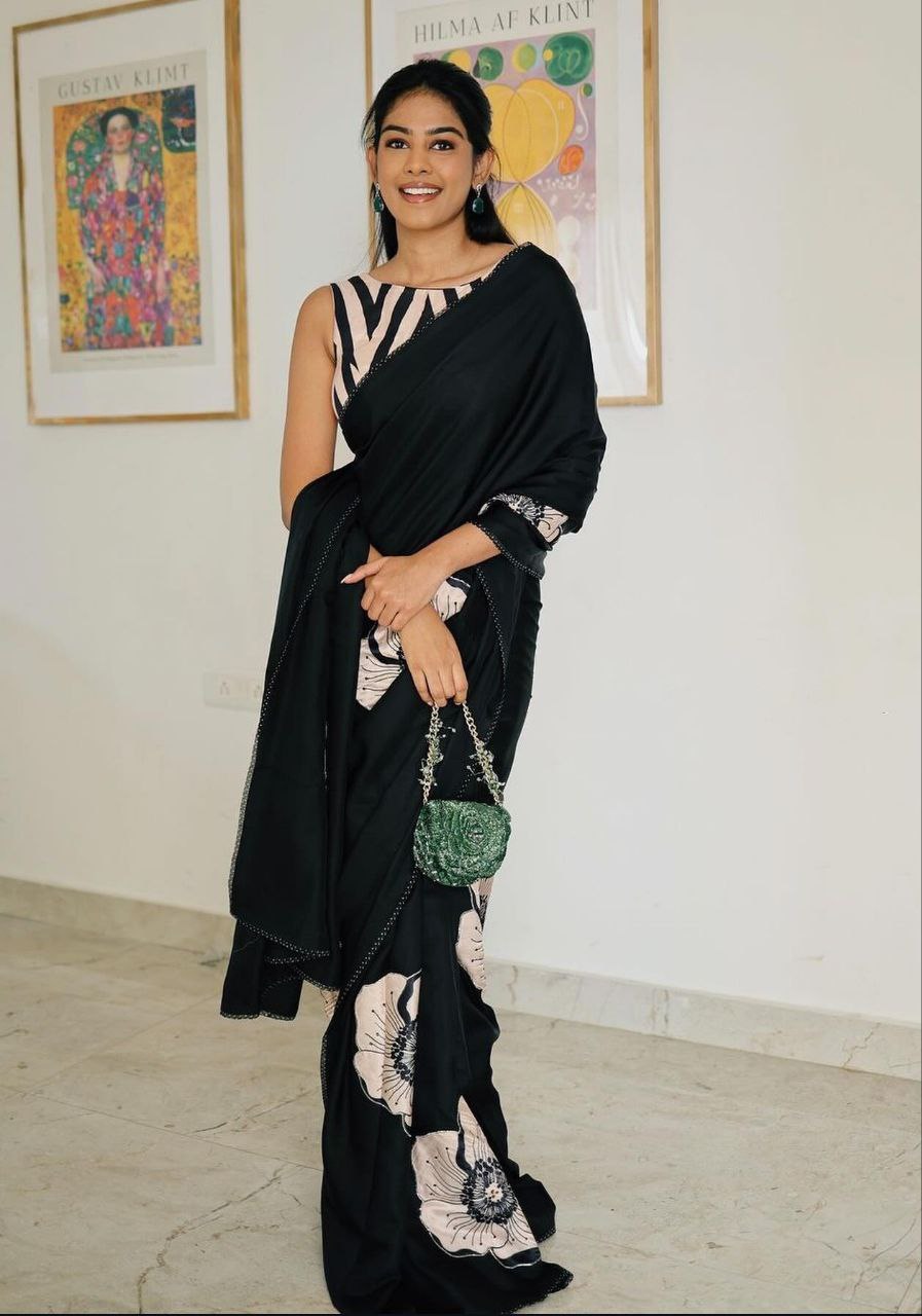 New Designer Original Japan Satin Flower Printed Black Saree With Digital Printed Unstiched Blouse Piece