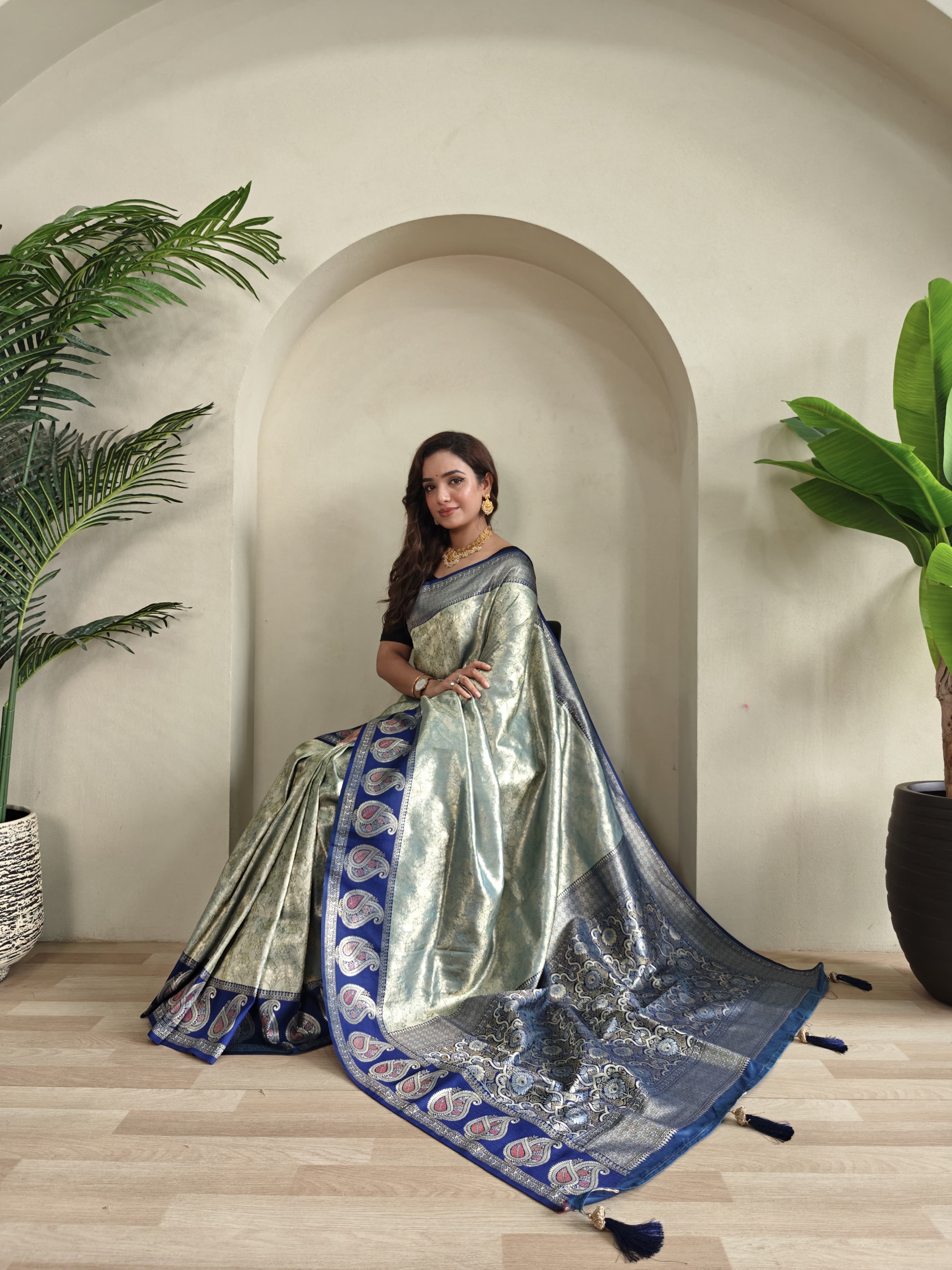 New Designer Zari Kanchi Silk Blue Saree With Self Weaving Designer All Over Saree Along With Running Unstiched Blouse Piece