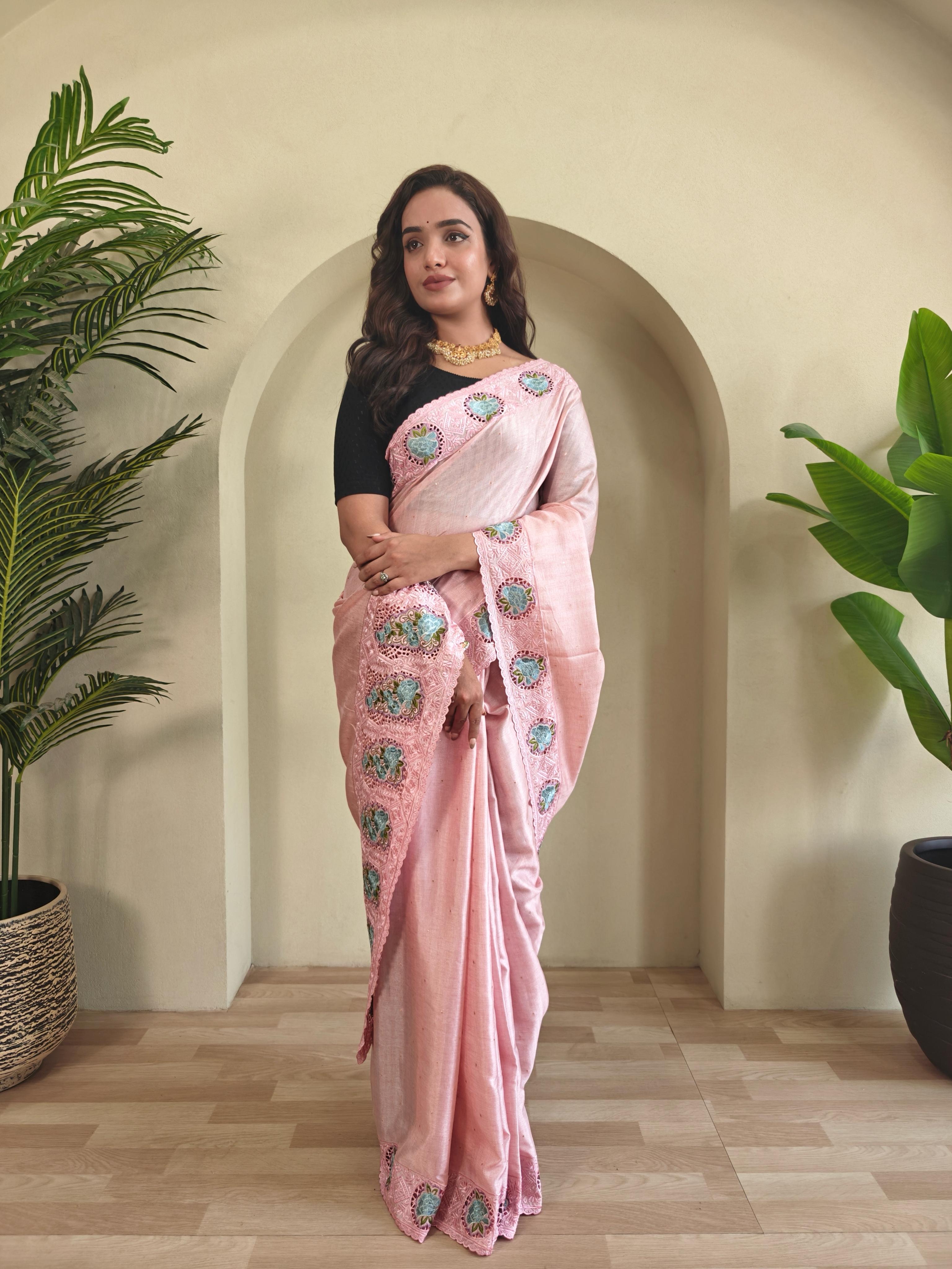 New Designer Soft Tussur Silk Pastel Pink With Super Fine Embroidered Pattern With Running Unstiched Blouse Piece