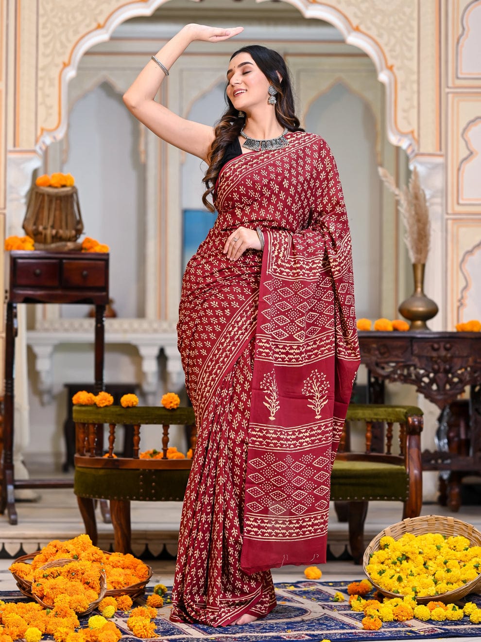 New One Minute Ready To Wear  Pure Soft Linen Silk Digital Printed Reddish Maroon Saree With Same Model Unstiched Blouse