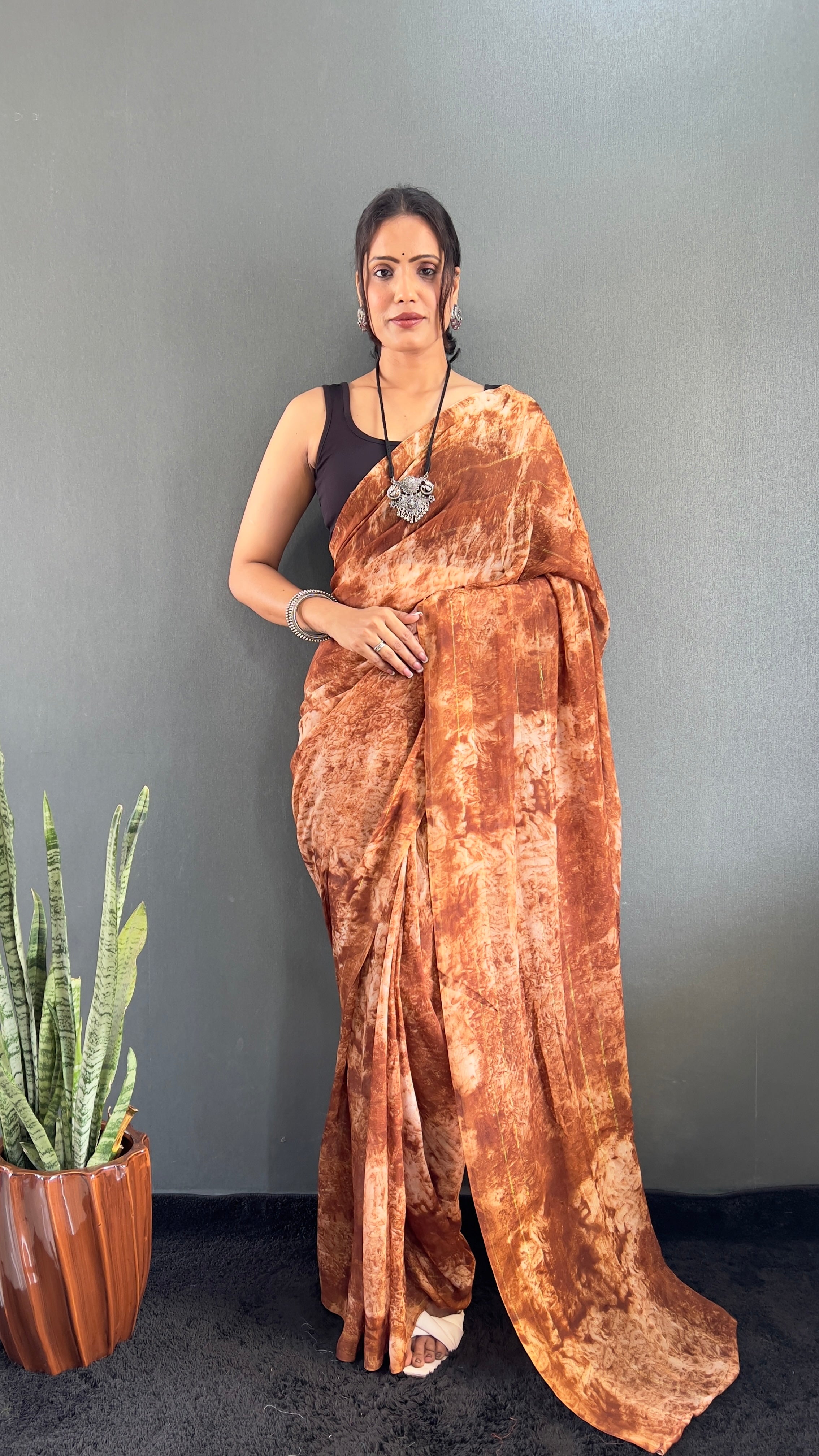 Adita One Minute Ready To Wear Brown Saree With Unstiched Blouse